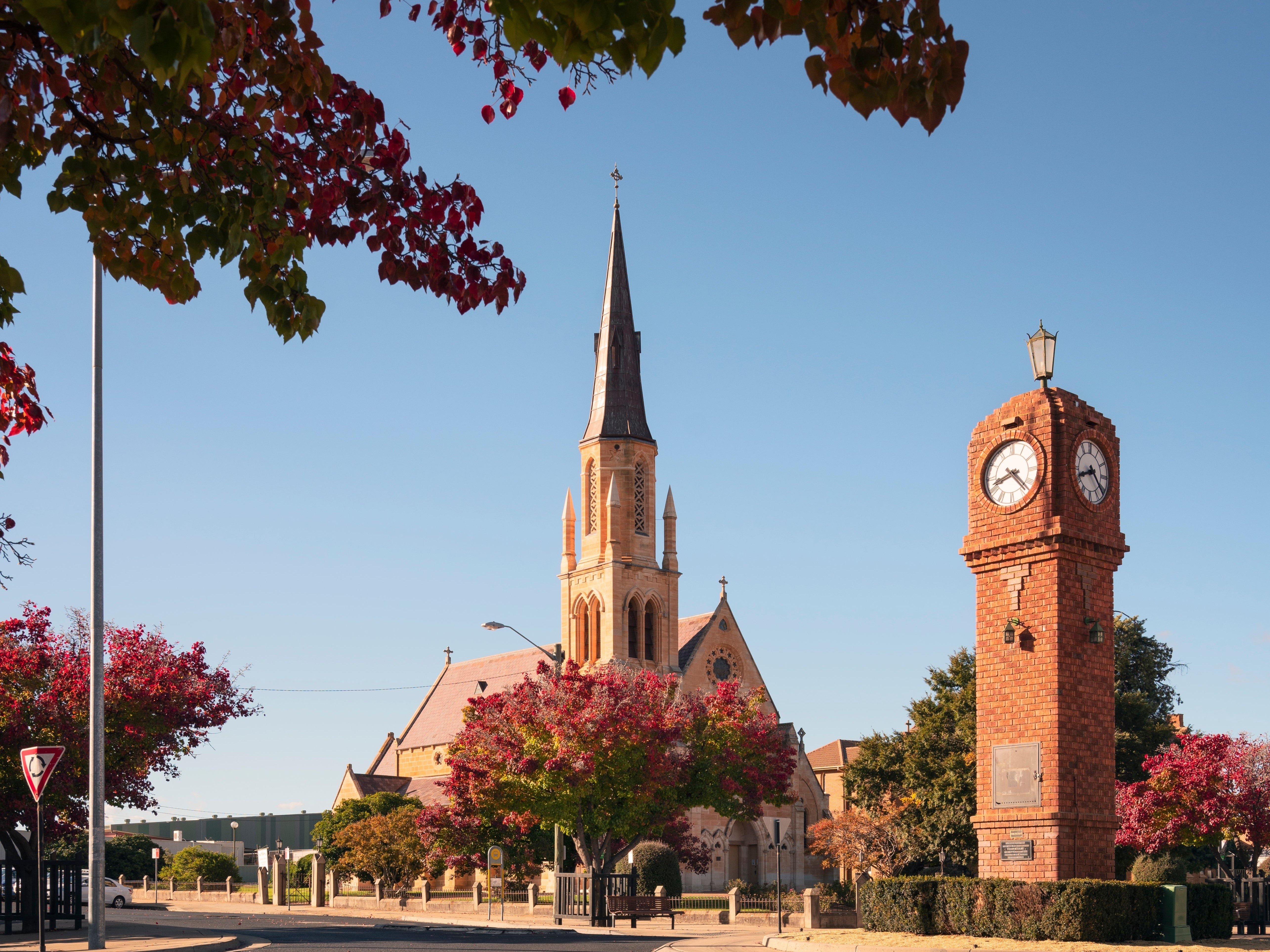 The Mudgee WWII Memorial Clock at the roundabout intersection of Church and Market Streets, Mudgee