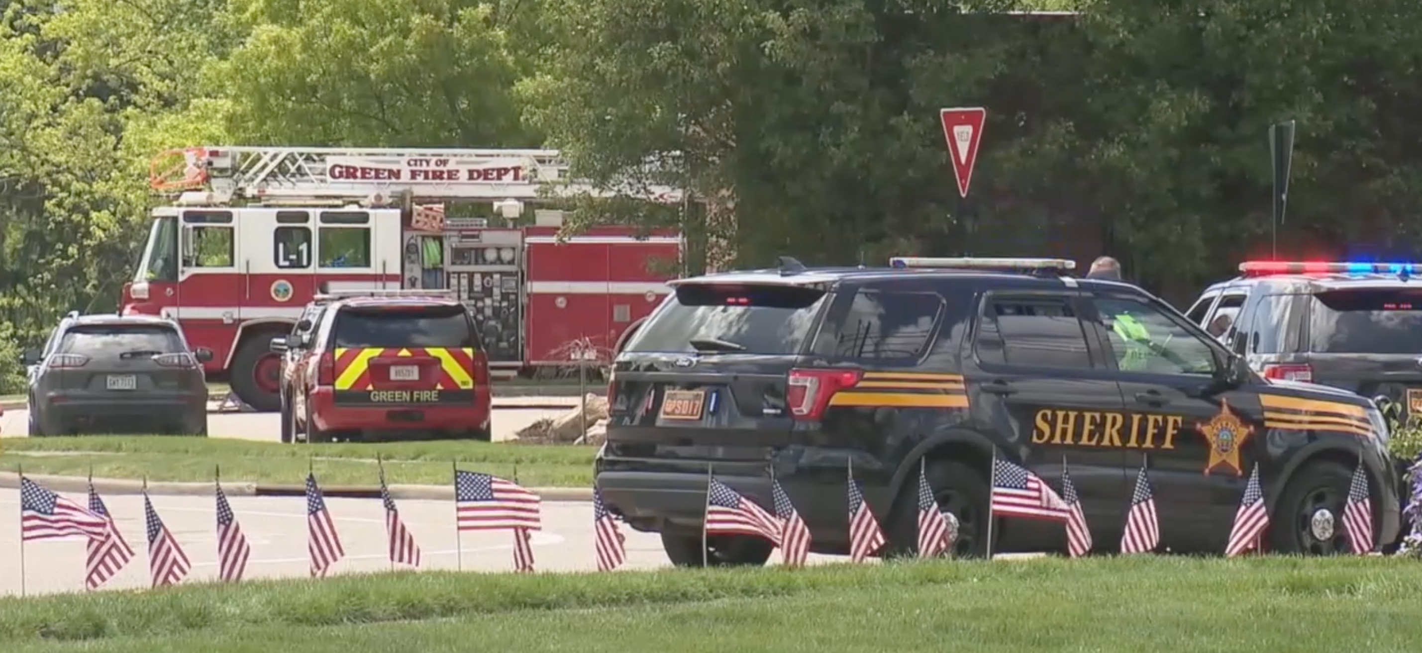 Emergency services on the scene in Green, Ohio, after a boy fell from a Memorial Day parade float on May 26 2025