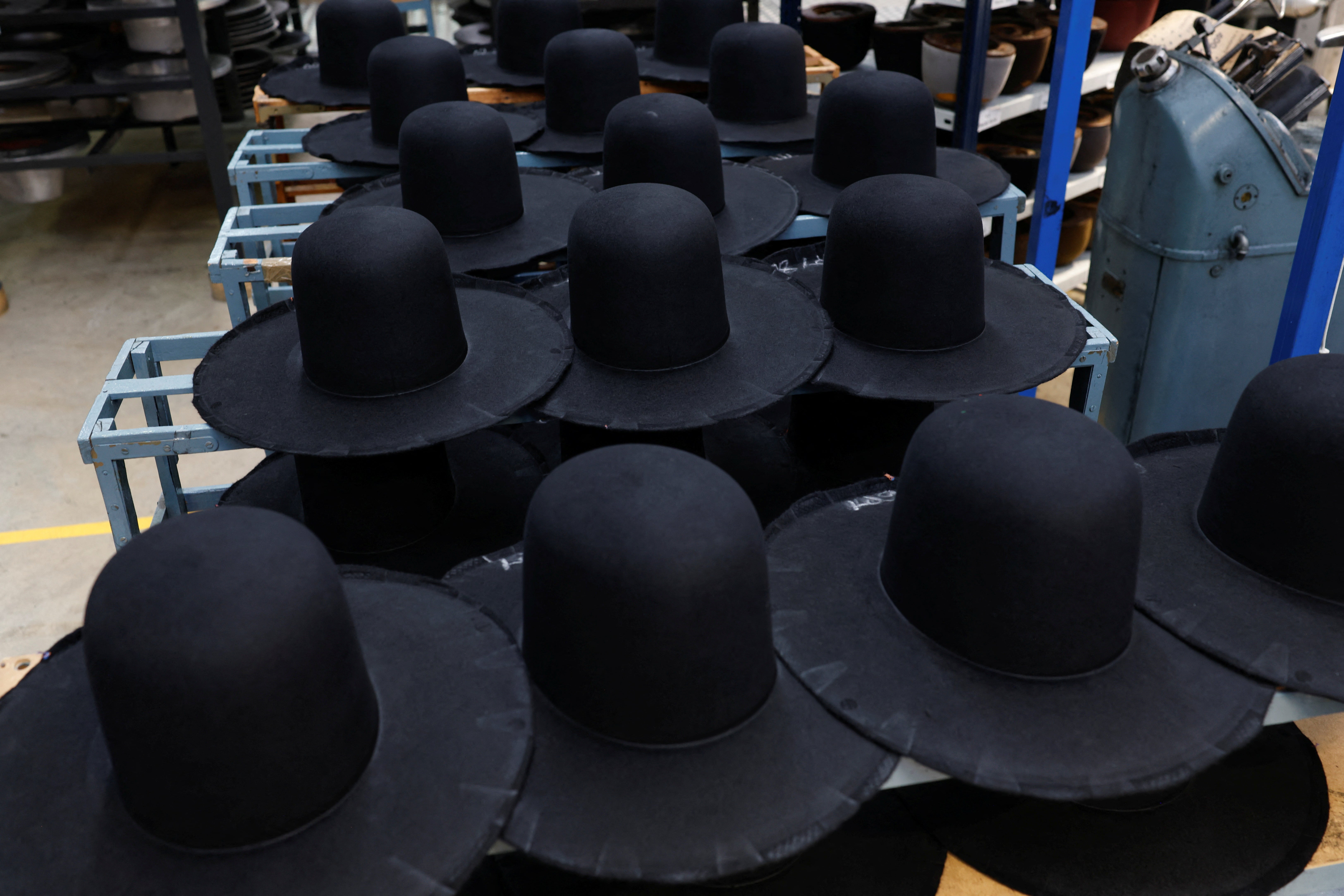 Orthodox Jewish hats are pictured at 140-year-old Fernandez y Roche Industrias Sombrereras Espanolas factory in Salteras, near Seville