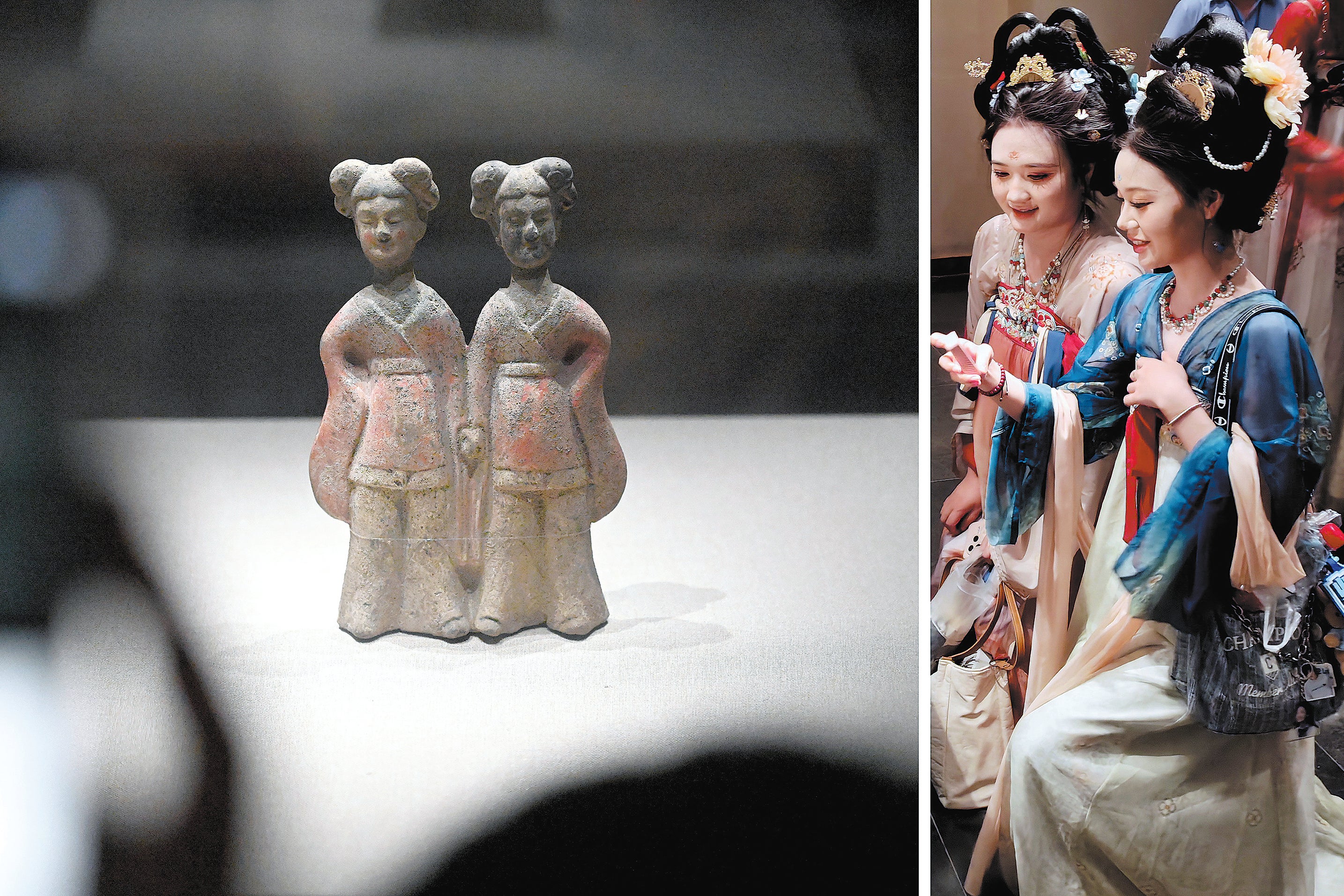 Visitors in traditional Chinese attire admire the hand-holding pottery figurine at the Luoyang Museum