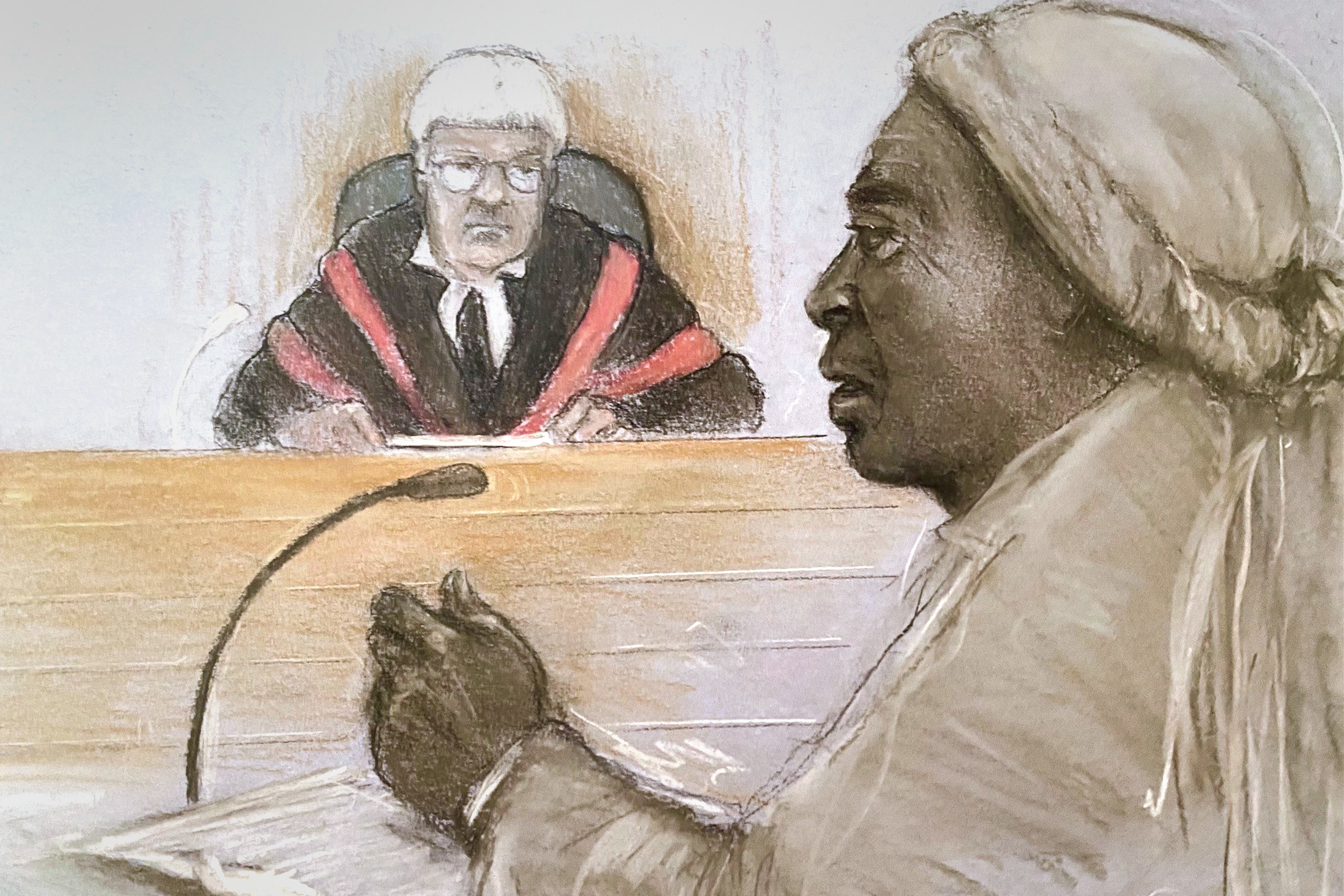 Court artist sketch of Mark Gordon giving evidence at the Old Bailey in London
