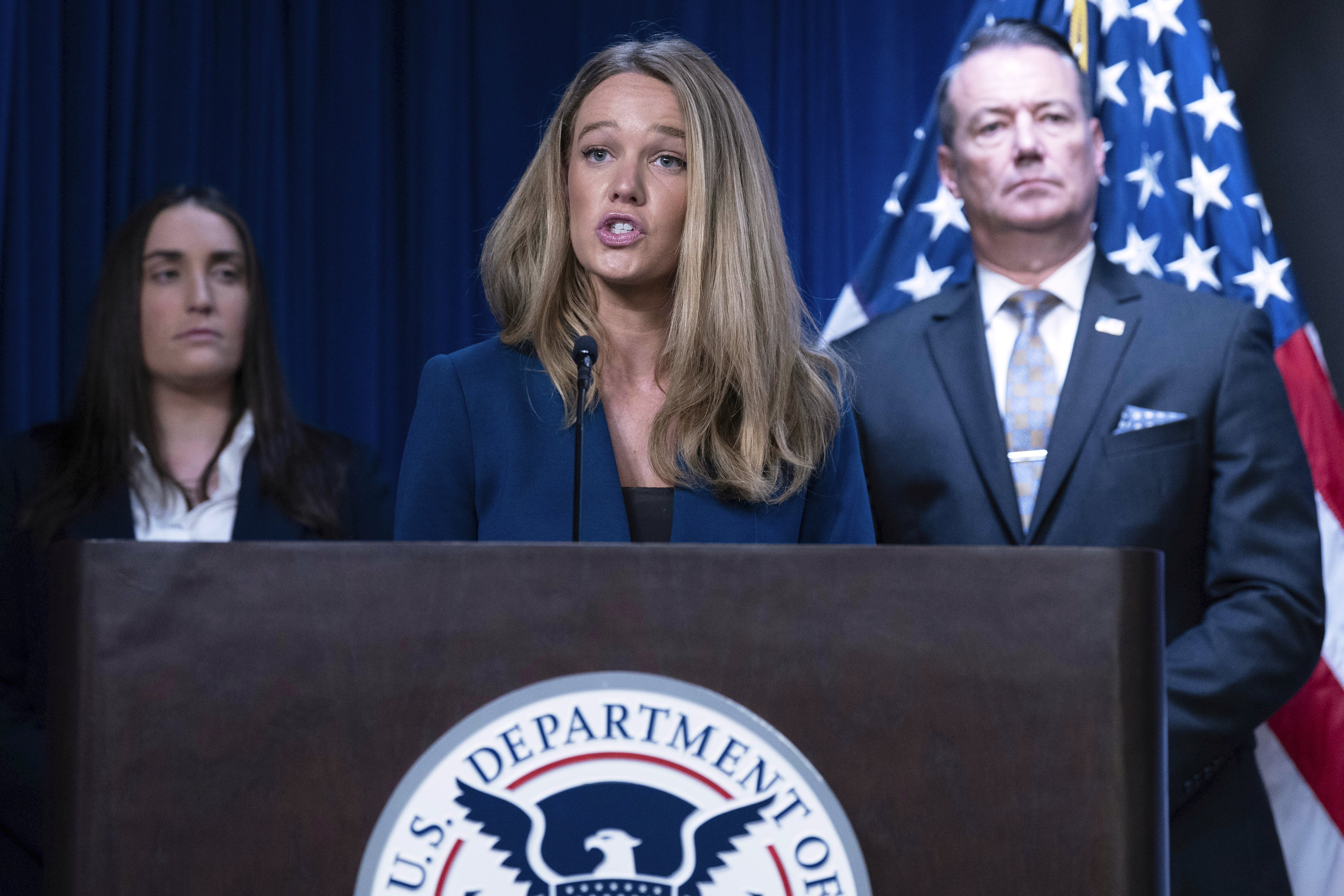 DHS Assistant Secretary for Public Affairs Tricia McLaughlin flanked by Deputy director of U.S. Immigration and Customs Enforcement Madison Sheahan and Acting director of U.S. Immigration and Customs Enforcement Todd Lyons