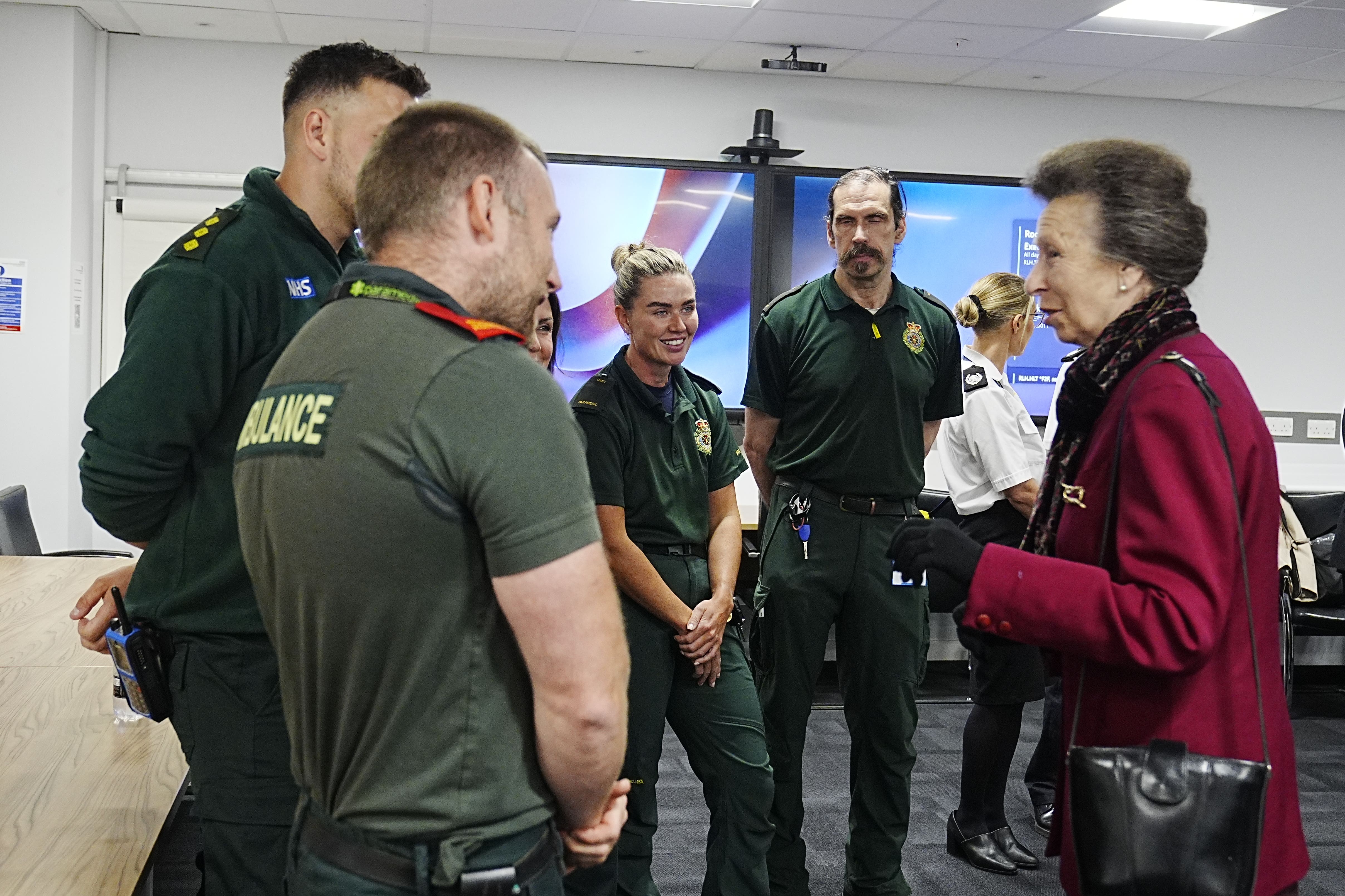 The Princess Royal meets members of the North West Ambulance Service team during a visit to the Royal Liverpool University Hospital (Peter Byrne/PA)