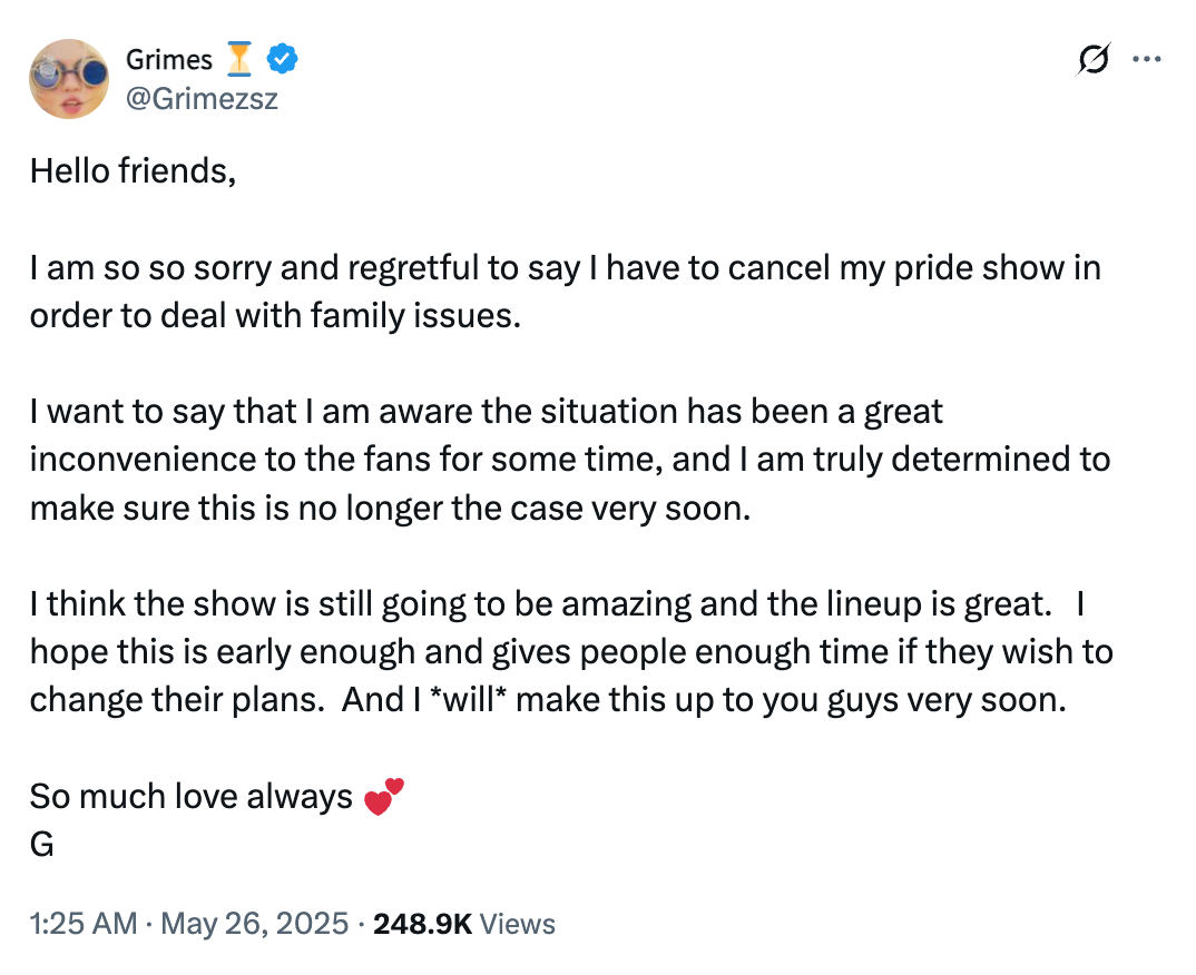 Grimes said she was aware ‘the situation has been a great inconvenience to the fans for some time’