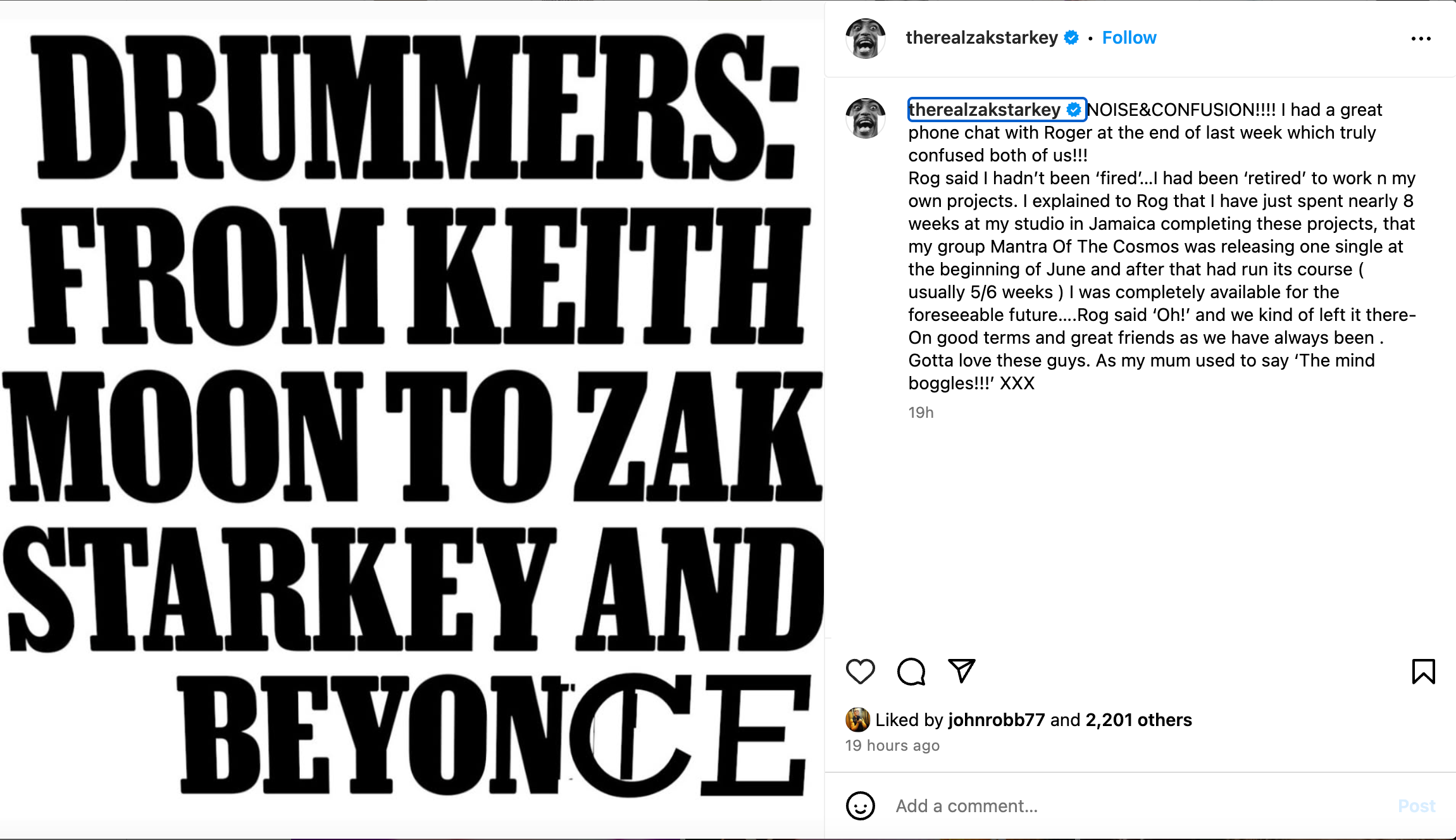 Former The Who drummer Zak Starkey's Instagram post claiming he was 'retired', not 'fired'
