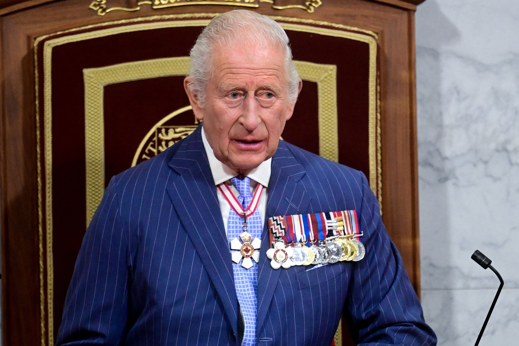 King Charles III during the Speech from the Throne on the Senate floor during the State Opening of the Parliament of Canada, in the Senate Chamber at the Senate of Canada Building, Ottawa, as part of the royal two-day visit to Canada. Picture date: Tuesday May 27, 2025. PA Photo. See PA story ROYAL Canada. Photo credit should read: Victoria Jones/PA Wire