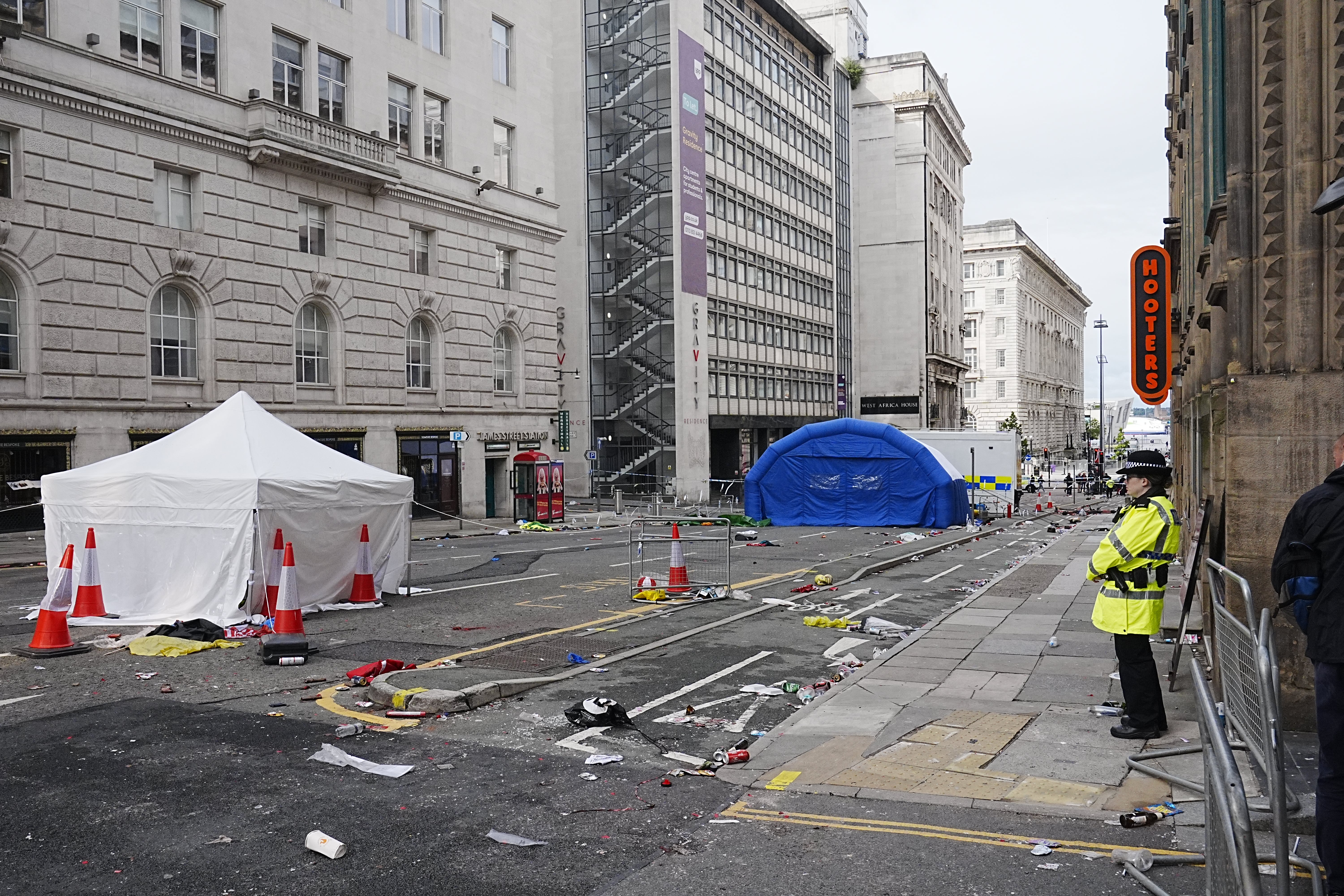 An inflatable field tent at the scene in Water Street near the Liver Building in Liverpool after a 53-year-old white British man was arrested when a car ploughed into a crowd of people during Liverpool FC's Premier League victory parade
