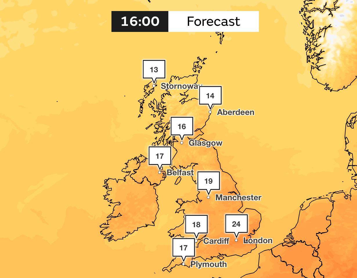 A Met Office forecast shows warmer weather by Friday at 4pm