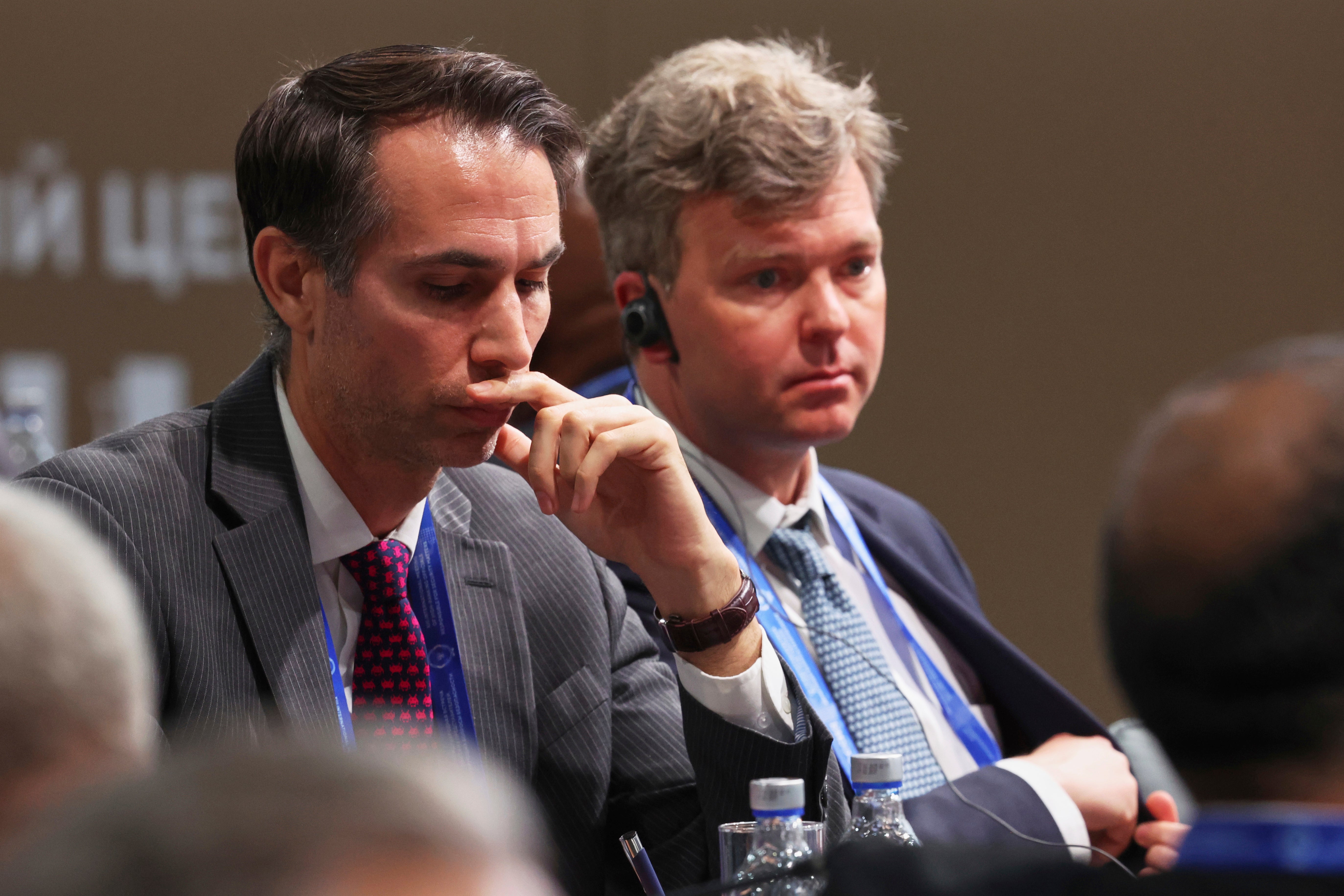 United States' Second Secretary of the diplomatic mission Jeremy Ventuso, left, and Embassy's Acting Head of the Political and Economic Section Eric Jordan attend the International Meeting of High Representatives for Security Issues, in Moscow, Russia