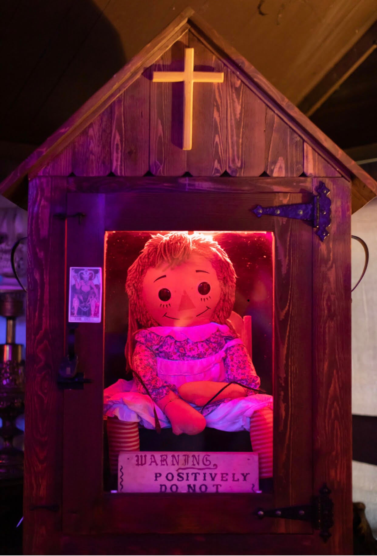 Annabelle the doll in her specially built case at Warrens' Occult Museum in Monroe, Connecticut