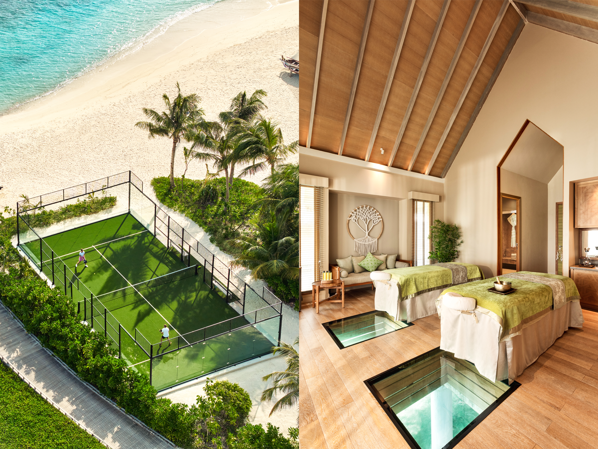 The over-water spa features glass bottomed floor features