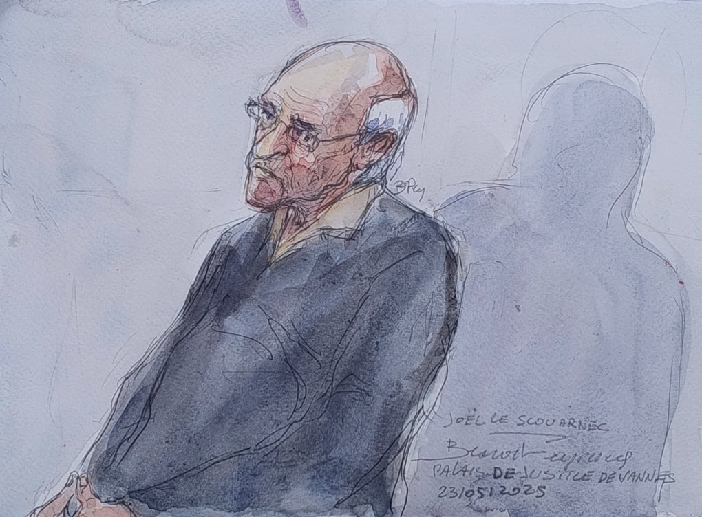 A court sketch of retired surgeon Joel Le Scouarnec listening during his trial