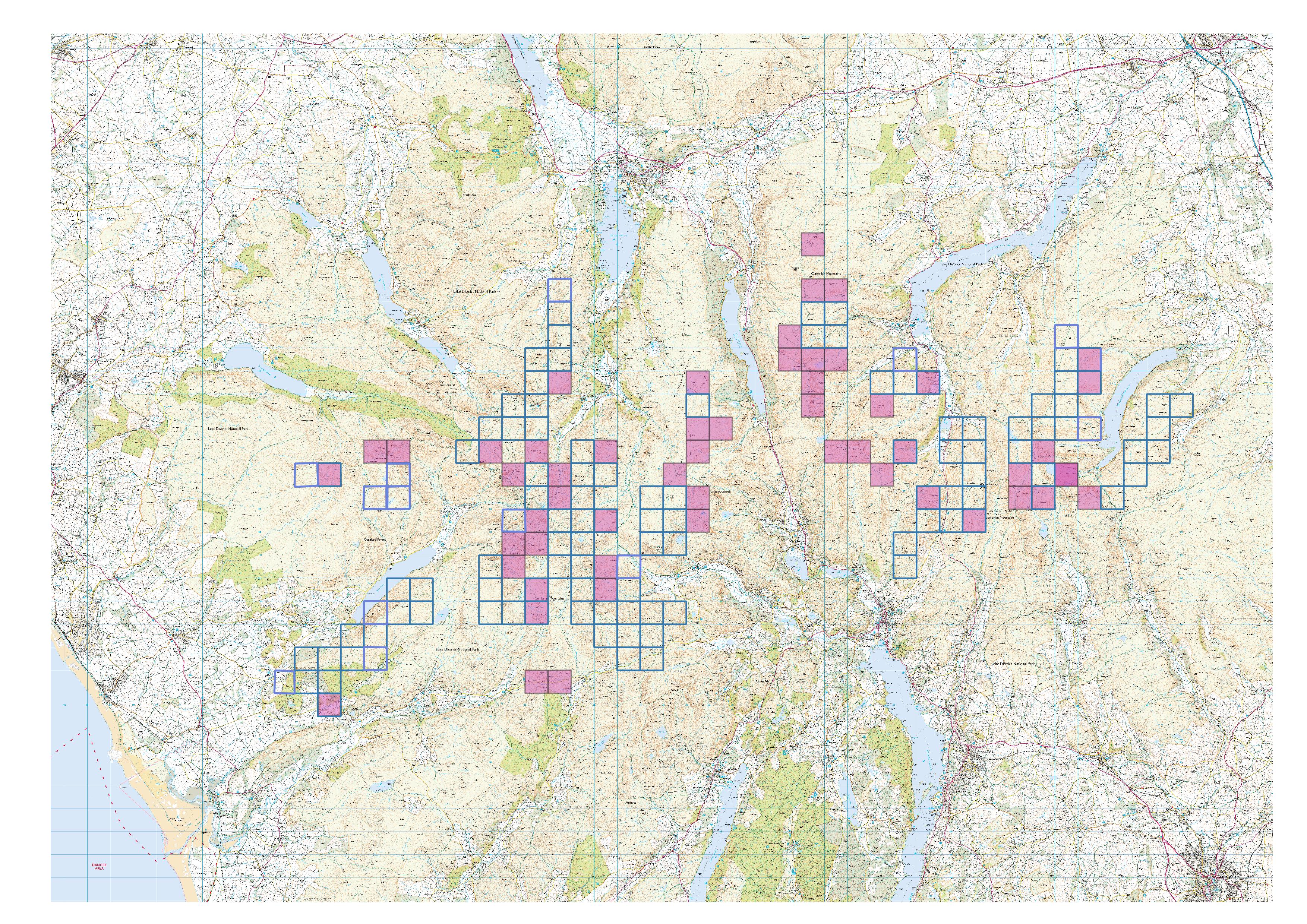 A map of the Lake District with blue squares showing existing sightings and pink squares where Butterfly Conservation is most keen for people to look (Butterfly Conservation/PA)