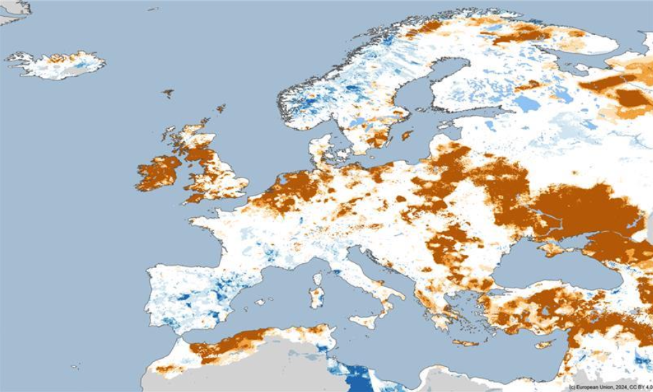 Map of soil moisture in Europe at the end of March 2025: darker brown indicates drier than normal soil, while darker blue indicates wetter than normal