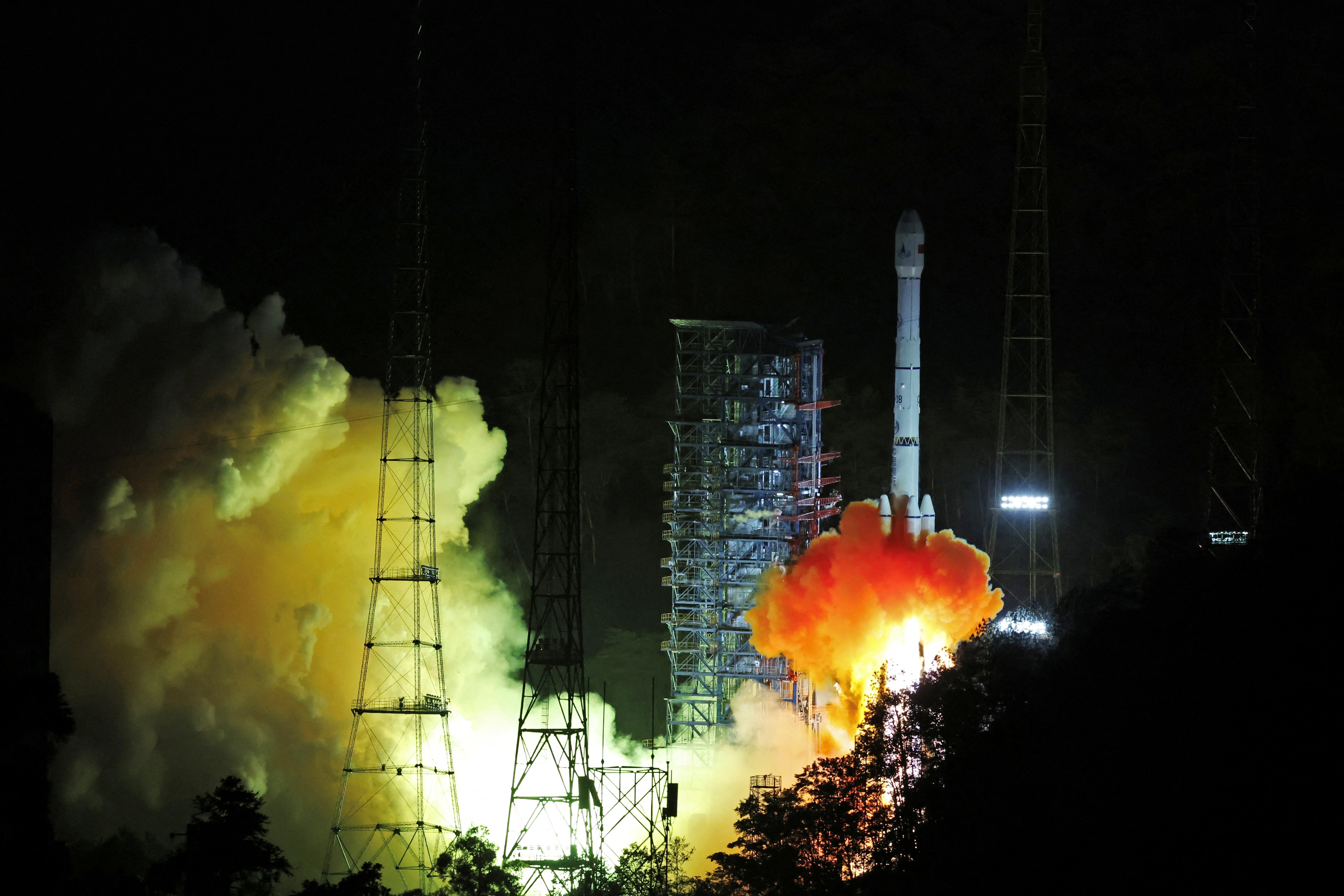 A Long March-3B Y110 rocket carrying Tianwen-2 probe takes off from the Xichang Satellite Launch Center in Sichuan province, China