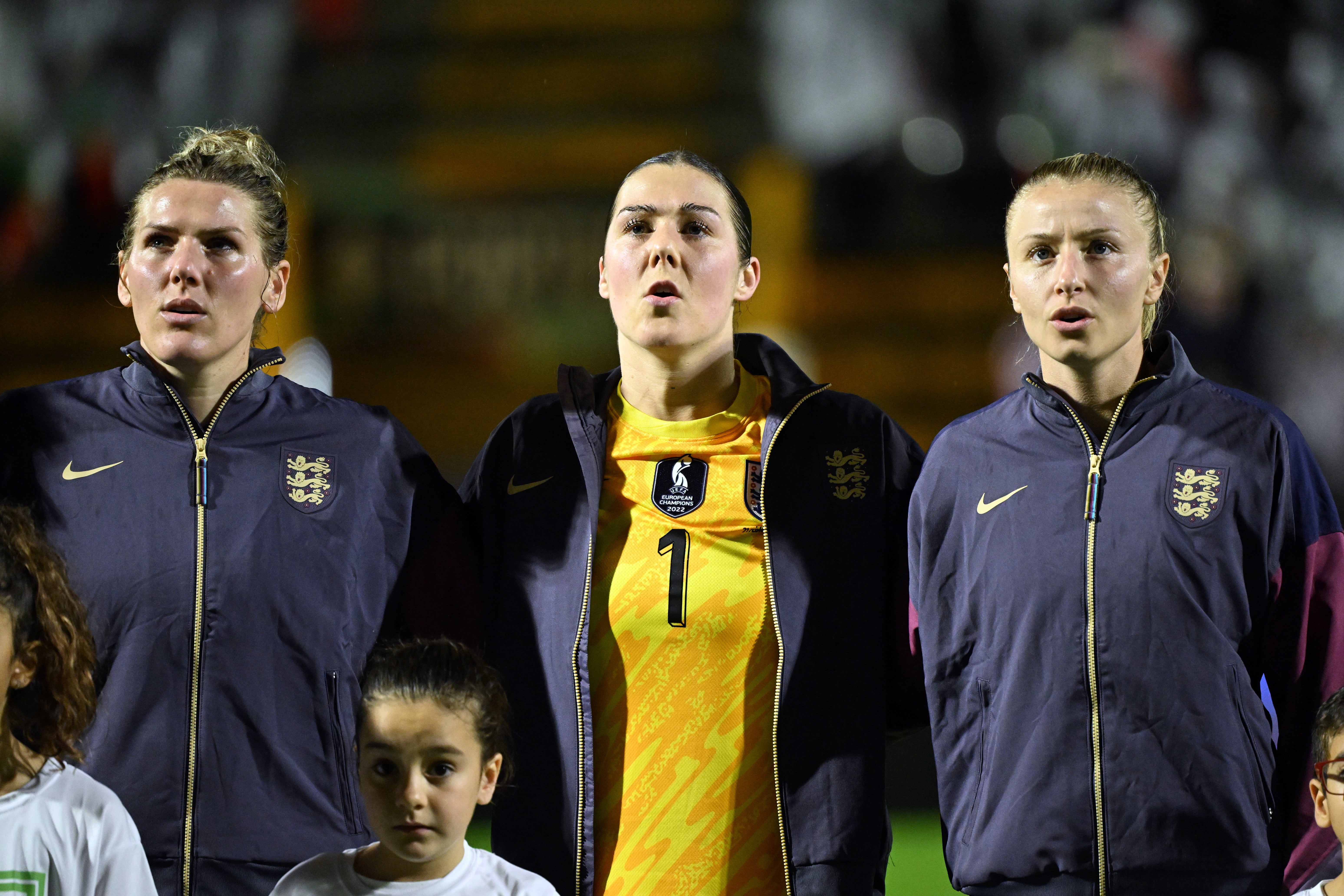Leah Williamson, right, gave her support to Mary Earps, centre (Zed Jameson/PA)