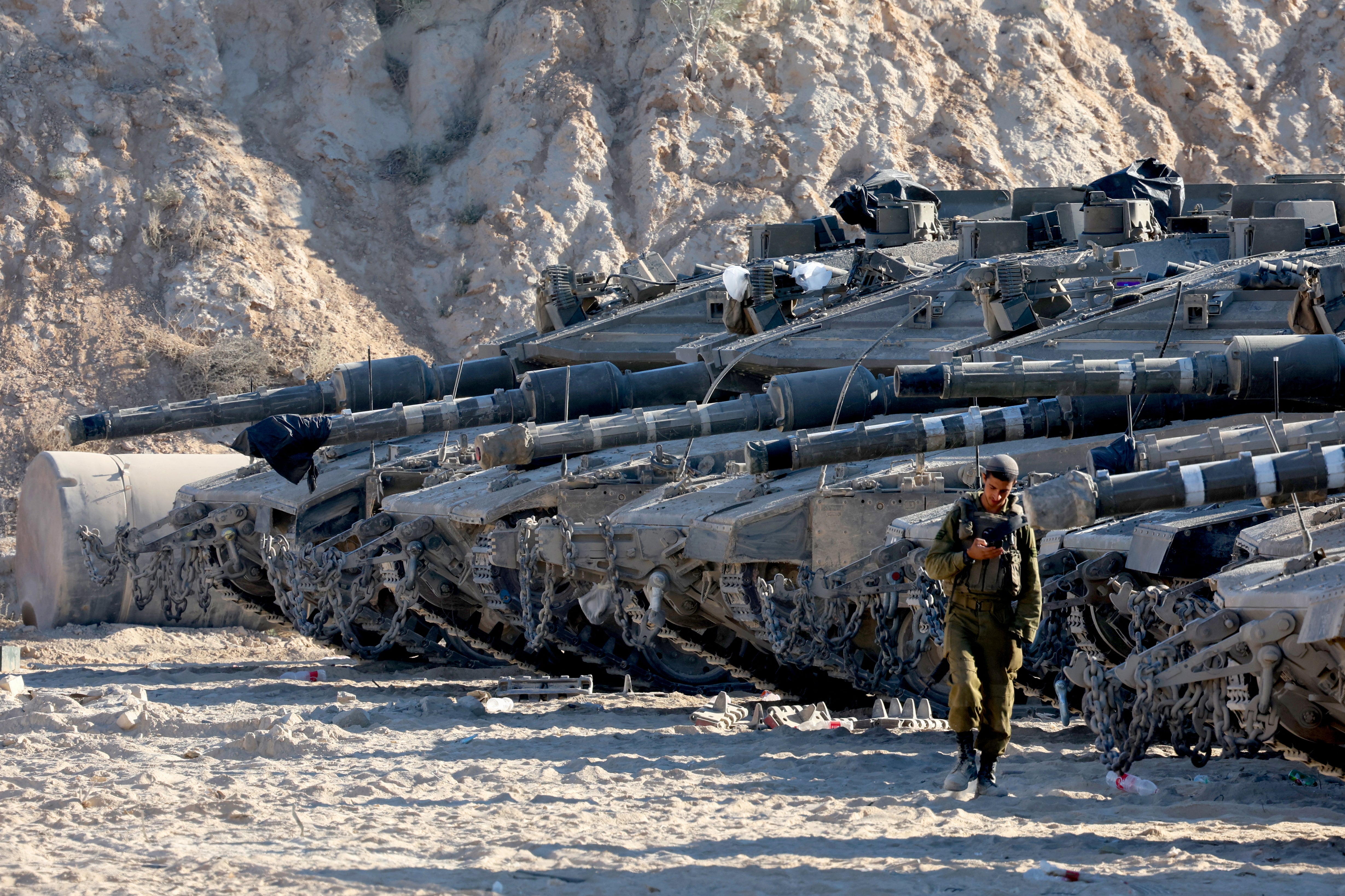 Israeli army tanks take position at the border between Israel and the Gaza Strip on May 29, 2025, amid the ongoing war between Israel and Hamas.