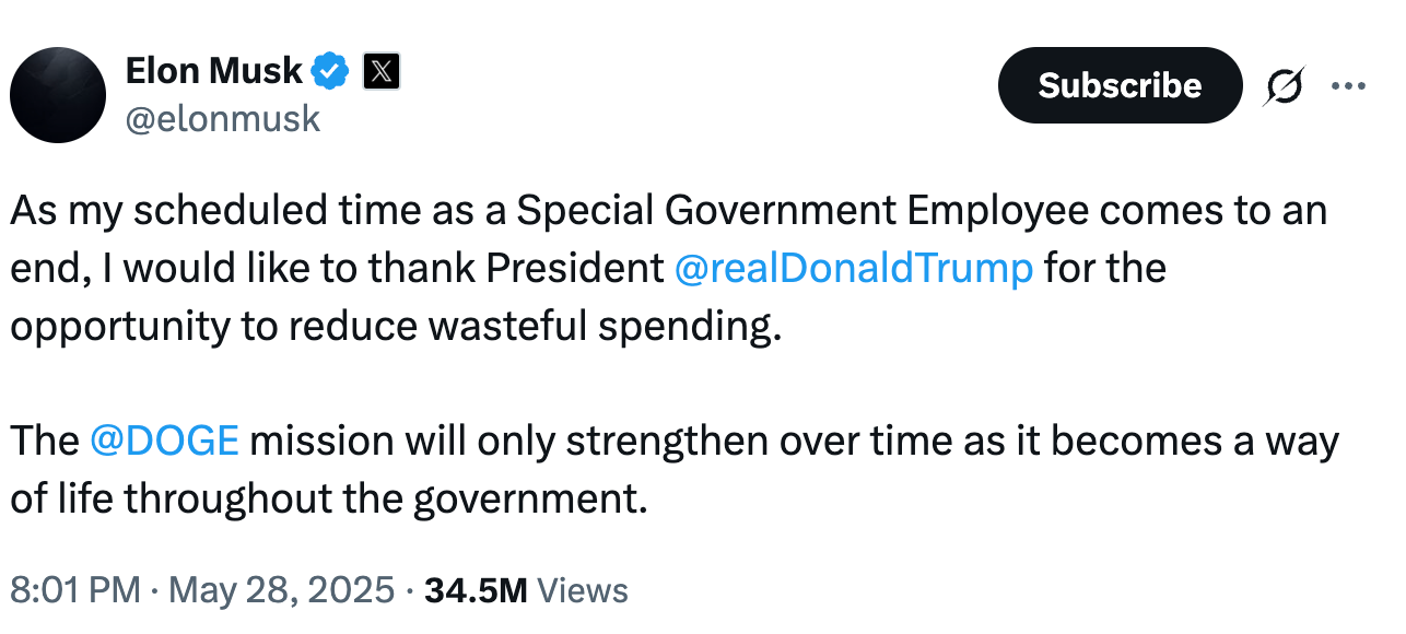 Elon Musk claims his time as a government employee is nearly over