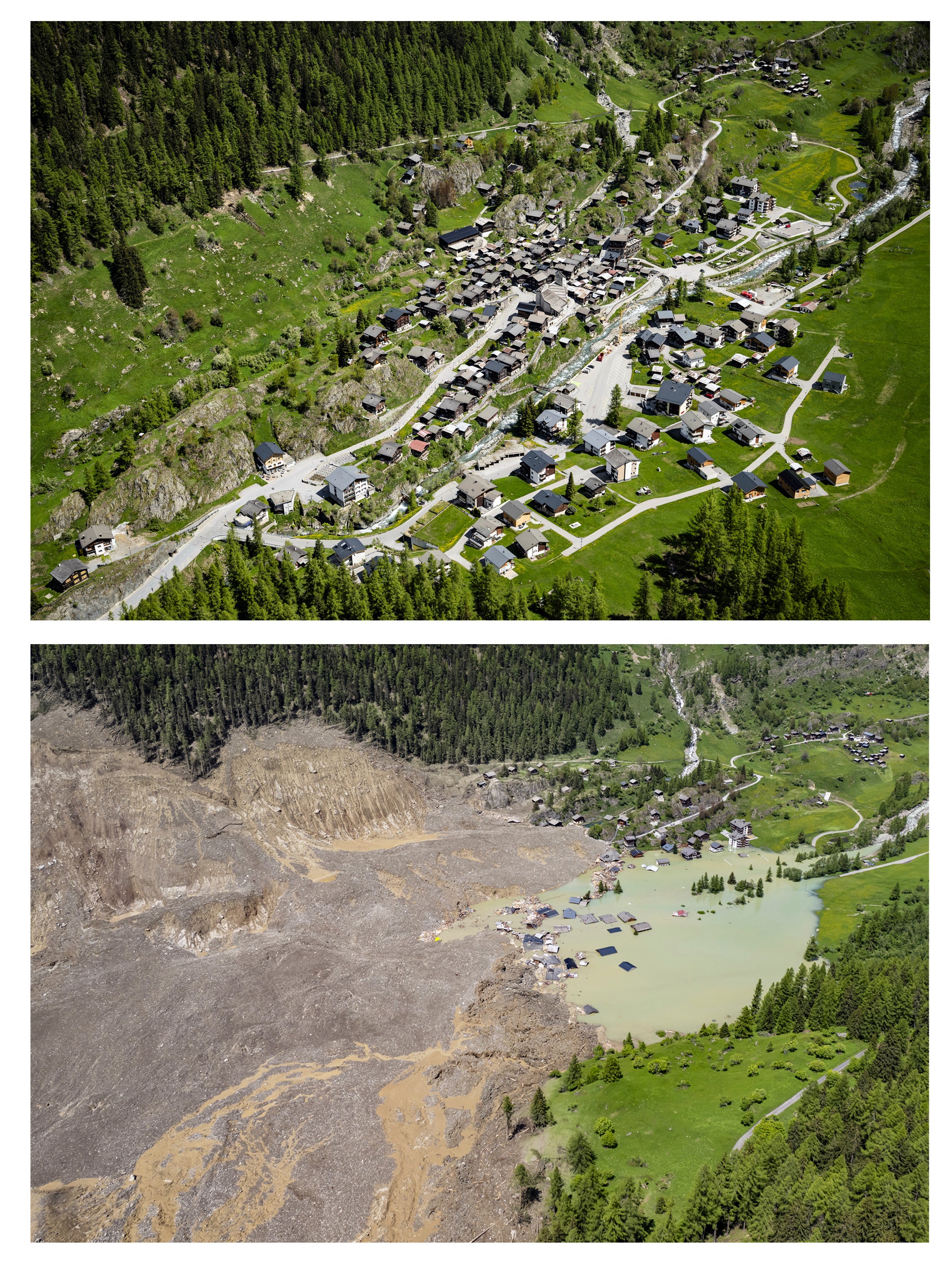 Blatten village before and after it was buried by an avalanche triggered by the collapse of the Birch glacier