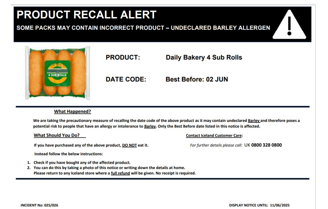 A recall notice will be displayed in shops for the next two weeks