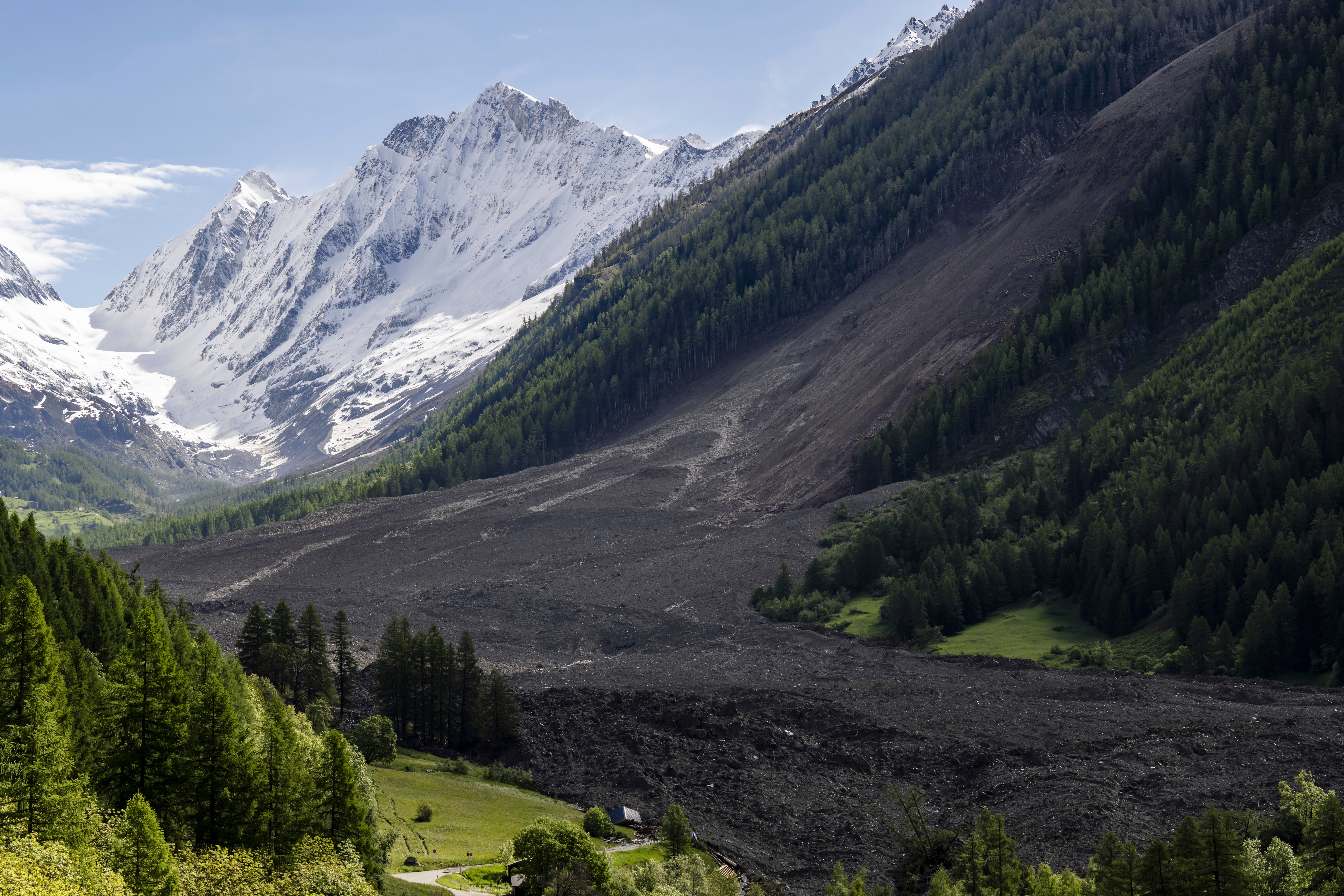 A massive debris avalanche is seen on Thursday, May 29, 2025, one day after the collapse of the Birch Glacier, causing the demolition of the village of Blatten in Switzerland