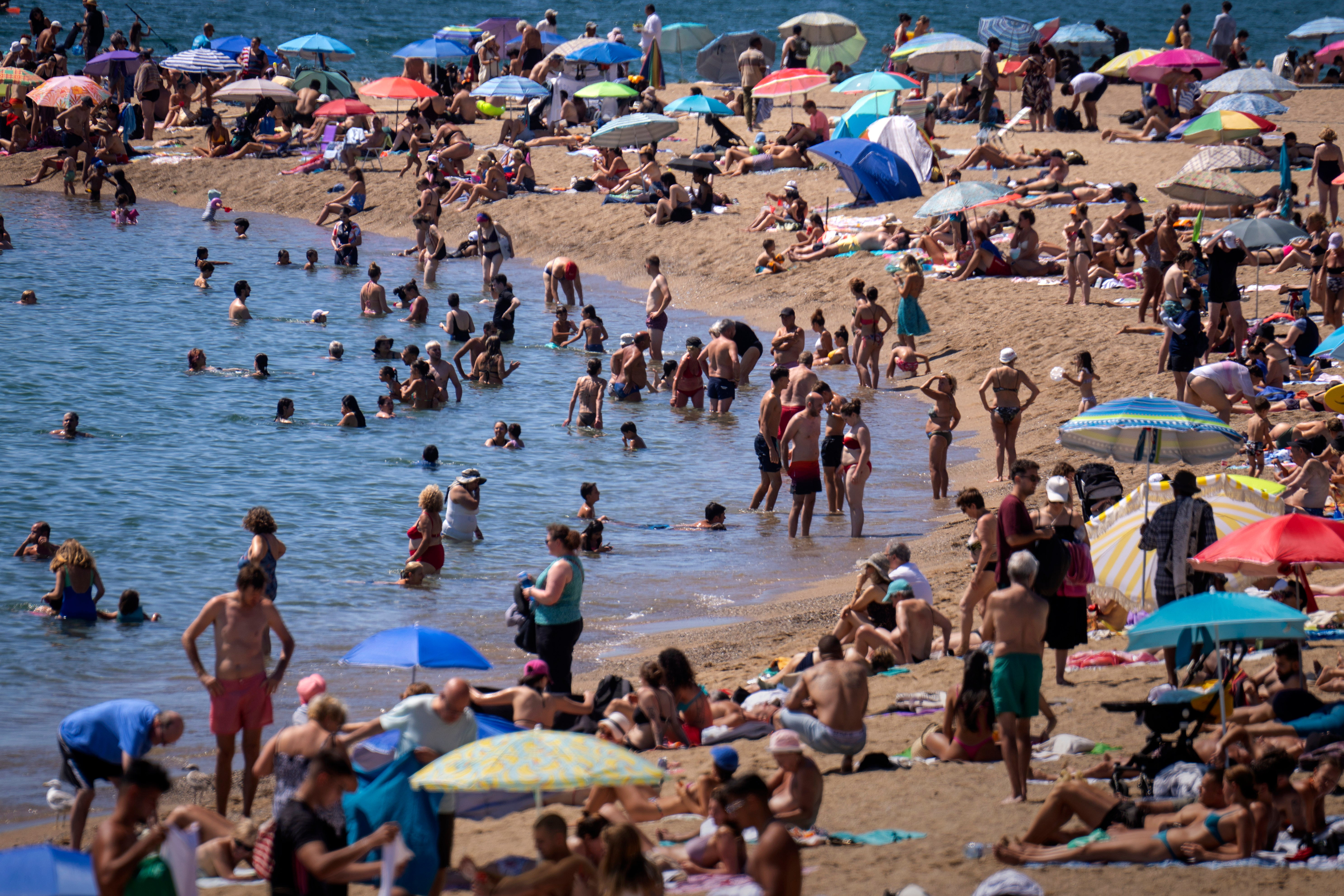 <p>Bathers cool off in the water while others sunbathe on a Barcelona beach, Spain, Wednesday, July 24, 2024</p>