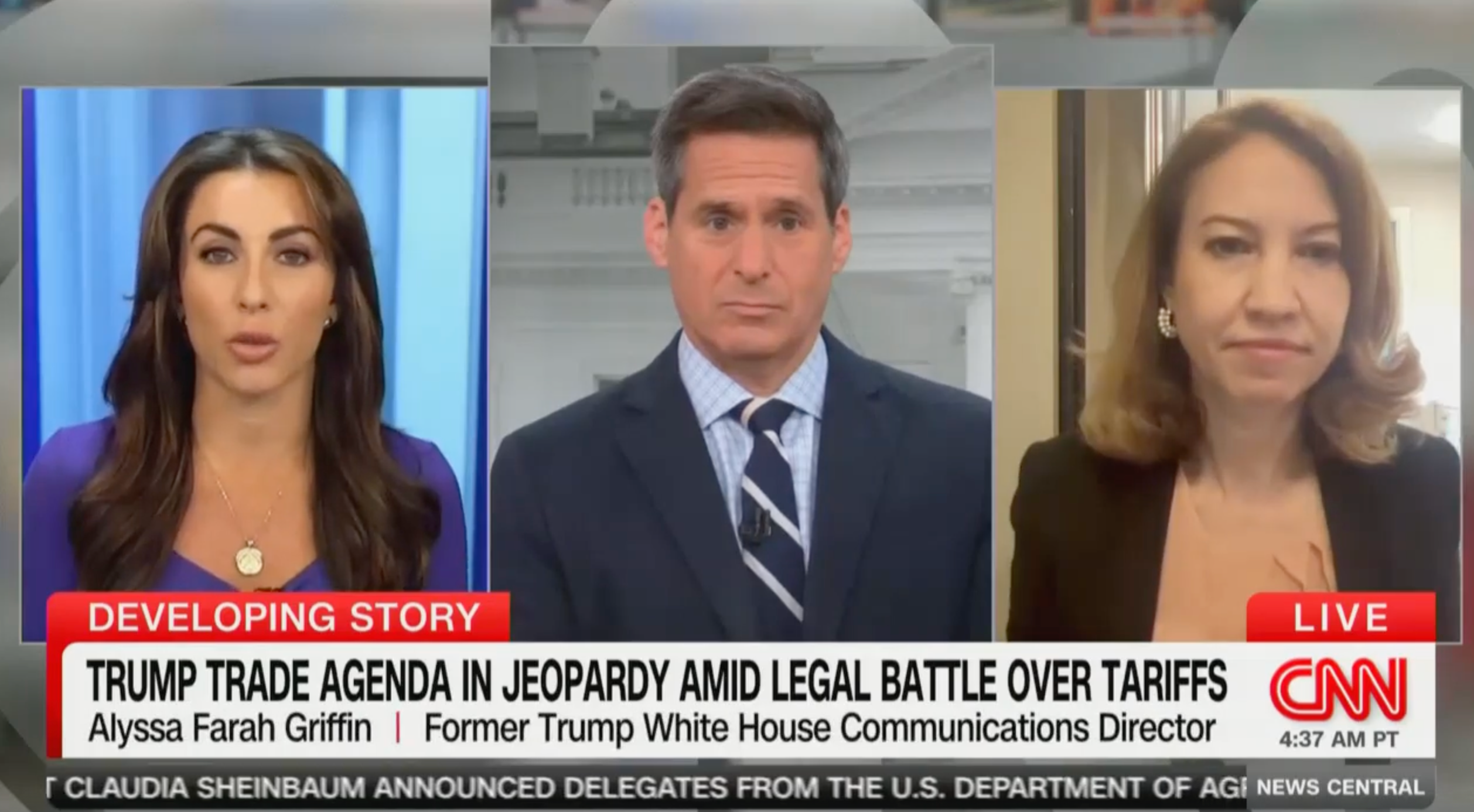 Alyssa Farah Griffin (left) spoke to host John Berman on CNN News Central about TACO trade