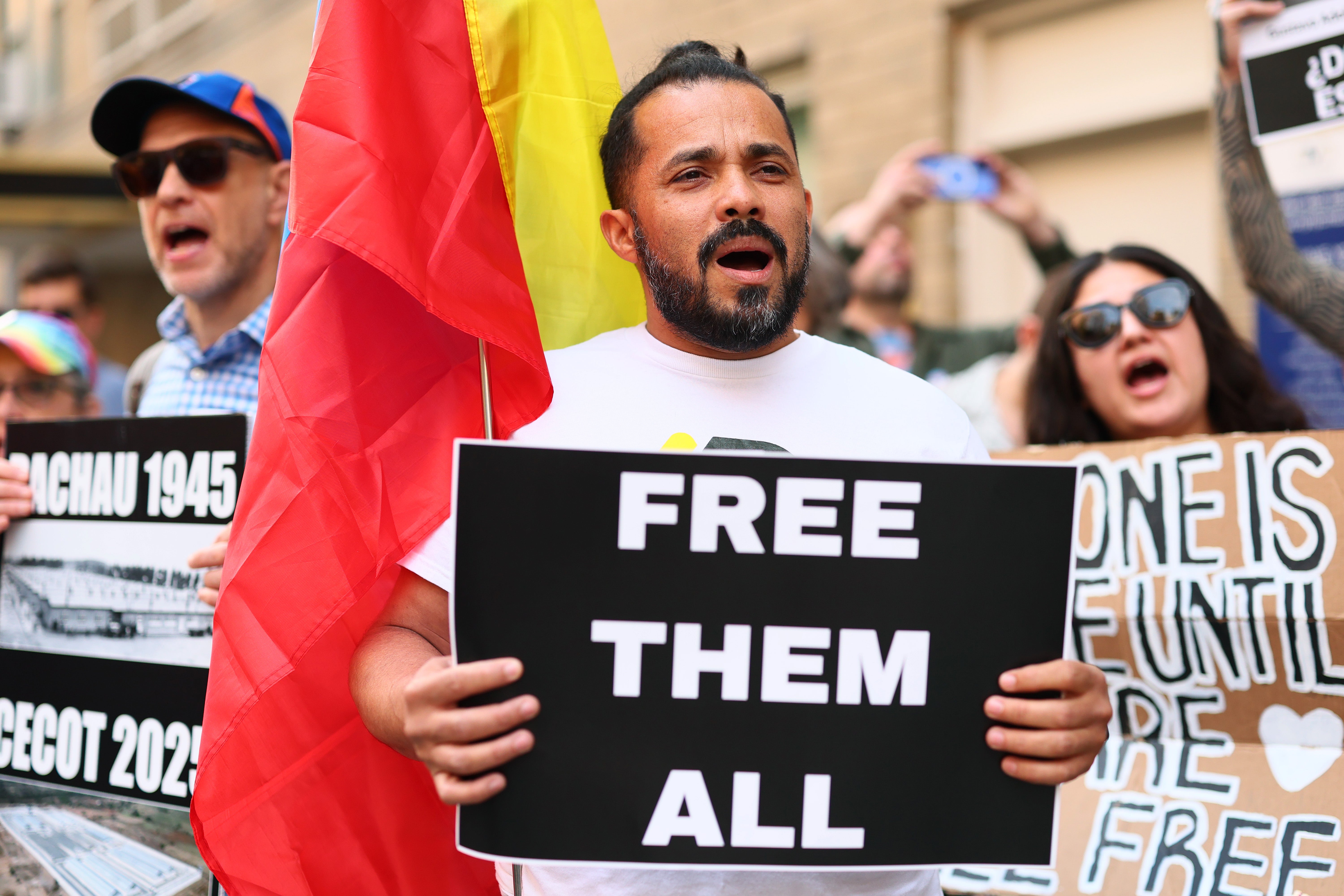 Demonstrators in New York protest the removal of immigrants to El Salvador, where the Trump administration summarily deported dozens of alleged Tren de Aragua gang members, initiating a high-profile legal battle for their return