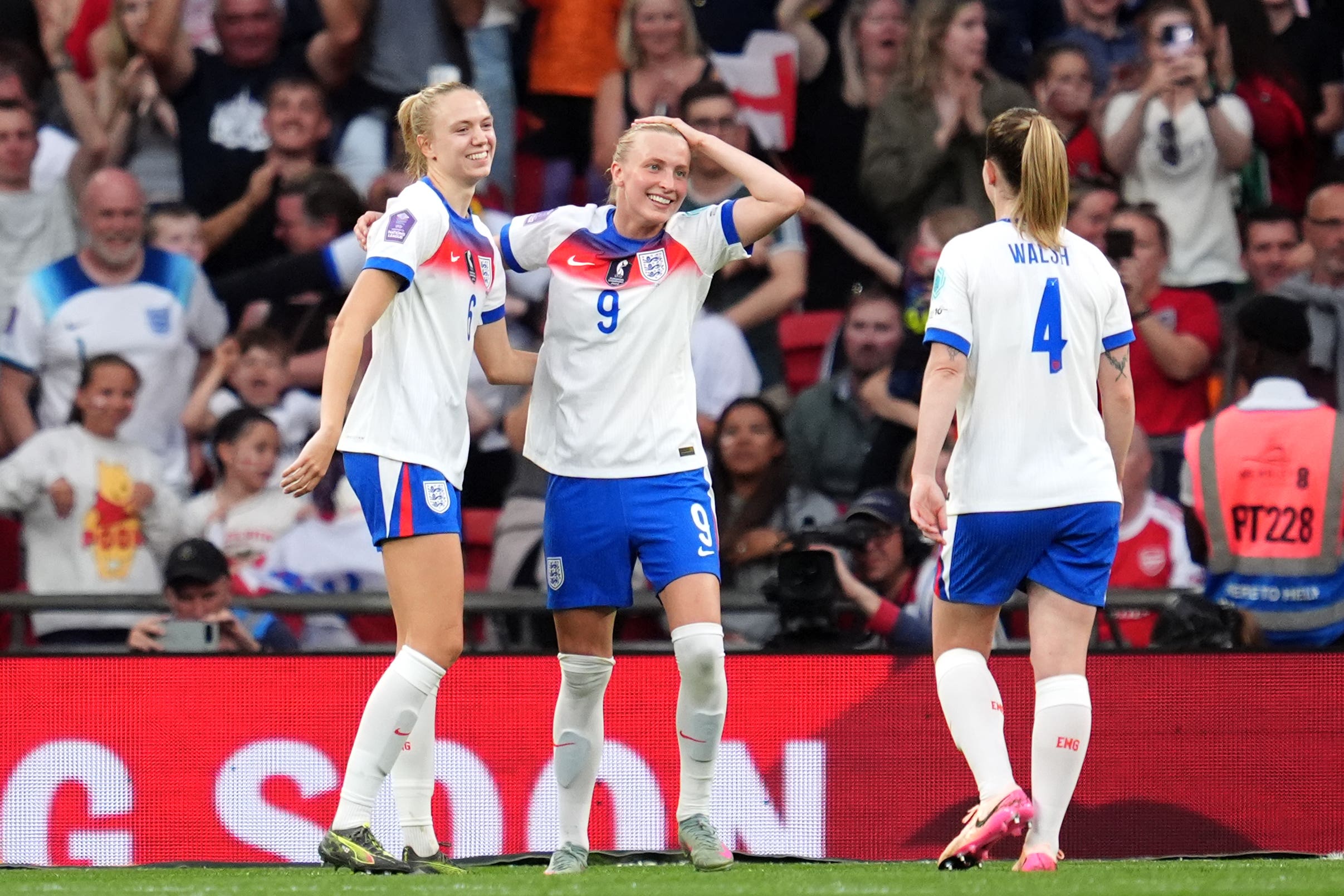 Aggie Beever-Jones (centre) netted a hat-trick for England on Friday night (Adam Davy/PA)