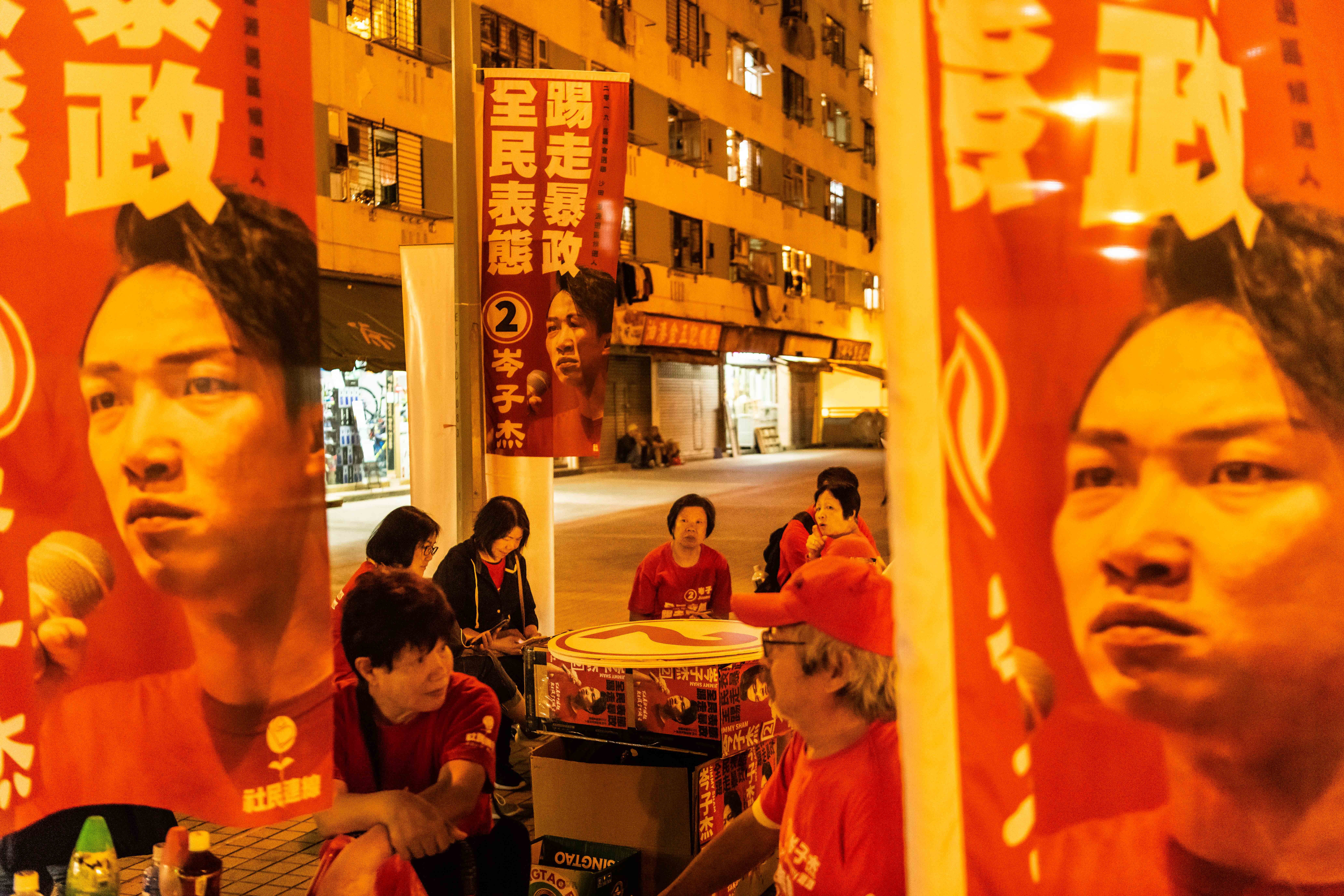 Supporters of Jimmy Sham campaign during district council elections in Hong Kong, China, on 24 November 2019