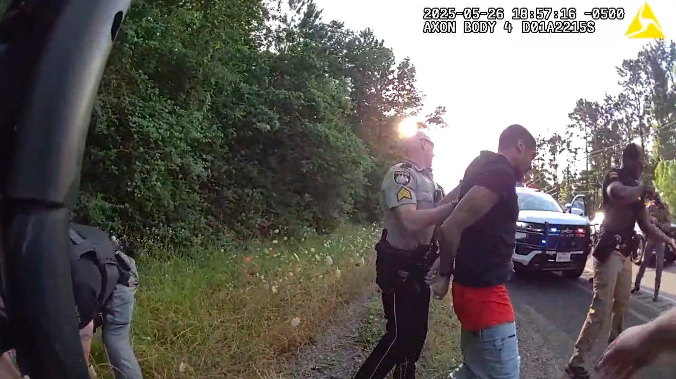 This image from video taken by Huntsville Police Department on May 26, 2025, shows the arrest of two New Orleans inmates who were on the run since their May 16, 2025, jailbreak