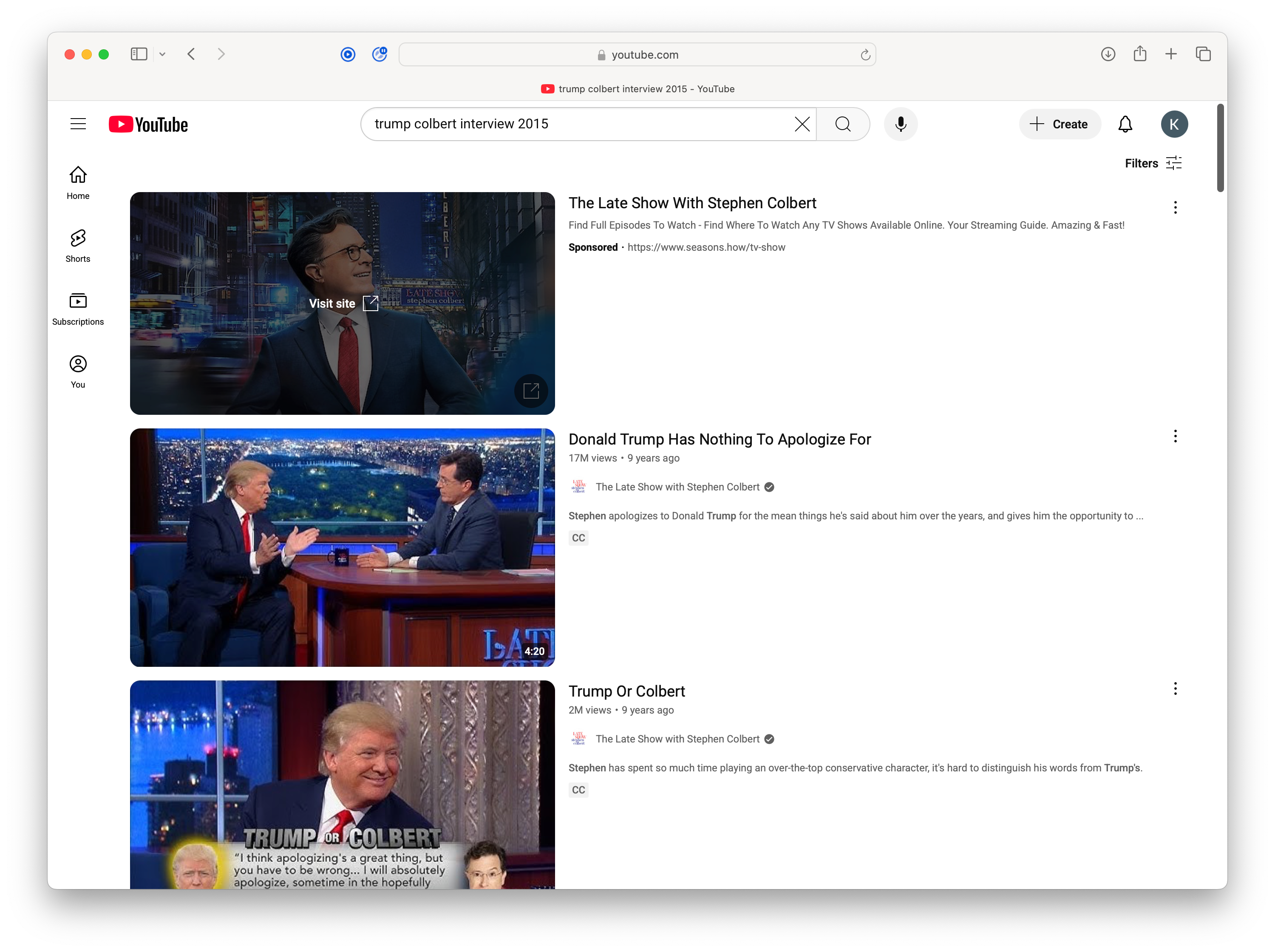 A YouTube search of 'Trump Colbert interview 2015' generates two results from the official Late Show page from the president's 2015 interview
