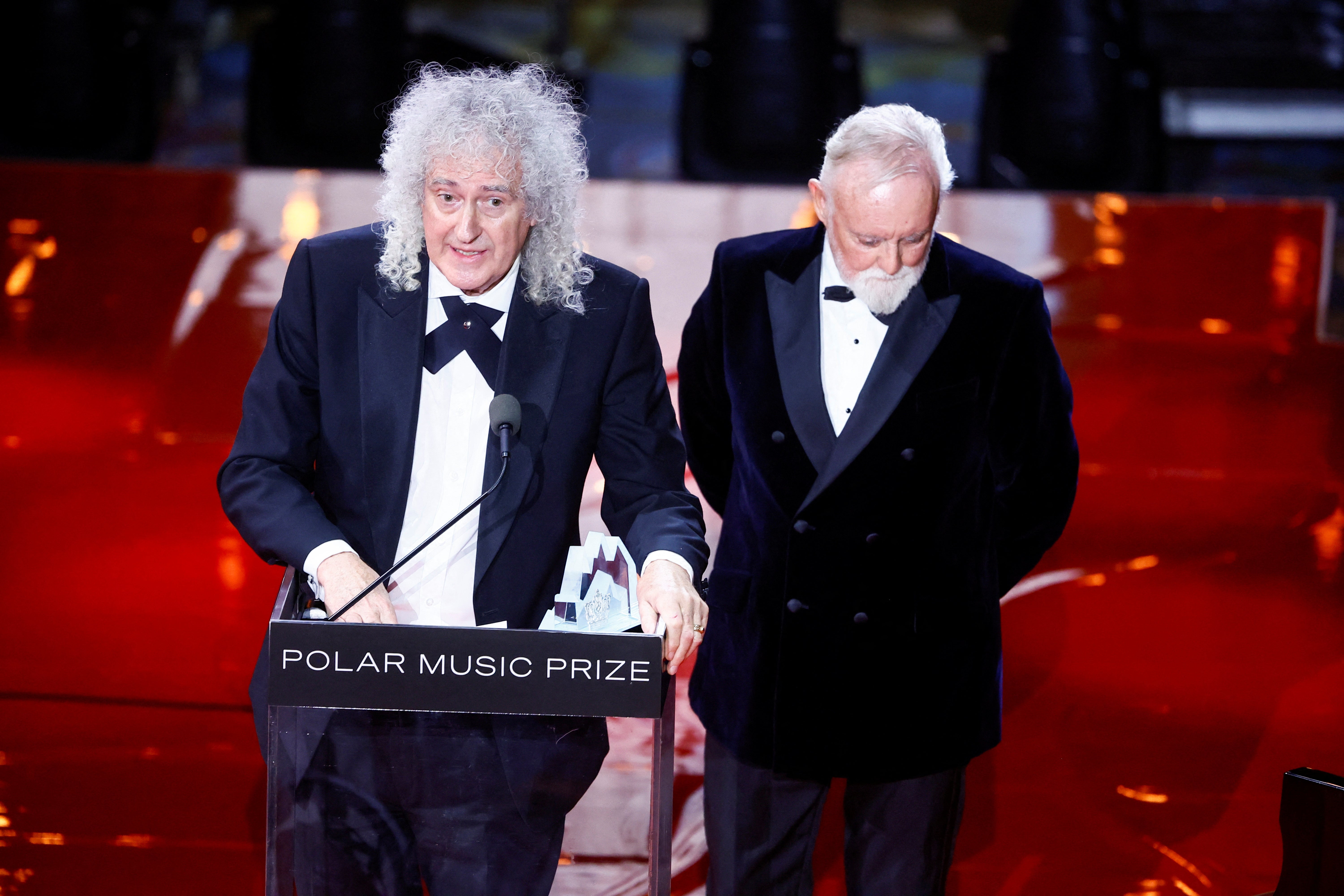 British rock band Queen is awarded the 2025 Polar Music Prize, which is received by guitarist Brian May and drummer Roger Taylor, at the Grand Hotel in Stockholm, Sweden May 27