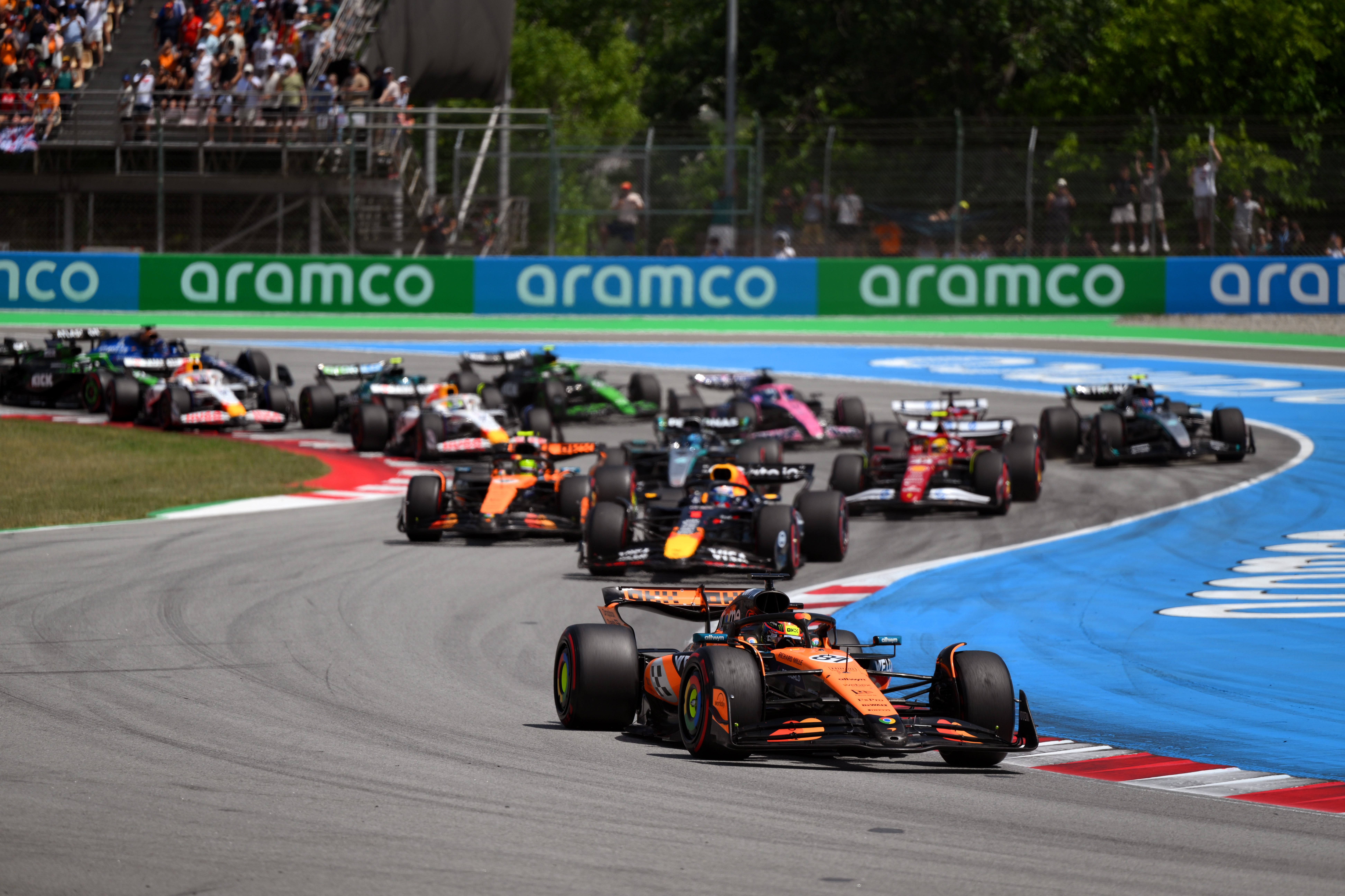 Oscar Piastri leading the field at the start of the Spanish Grand Prix in Barcelona earlier this month