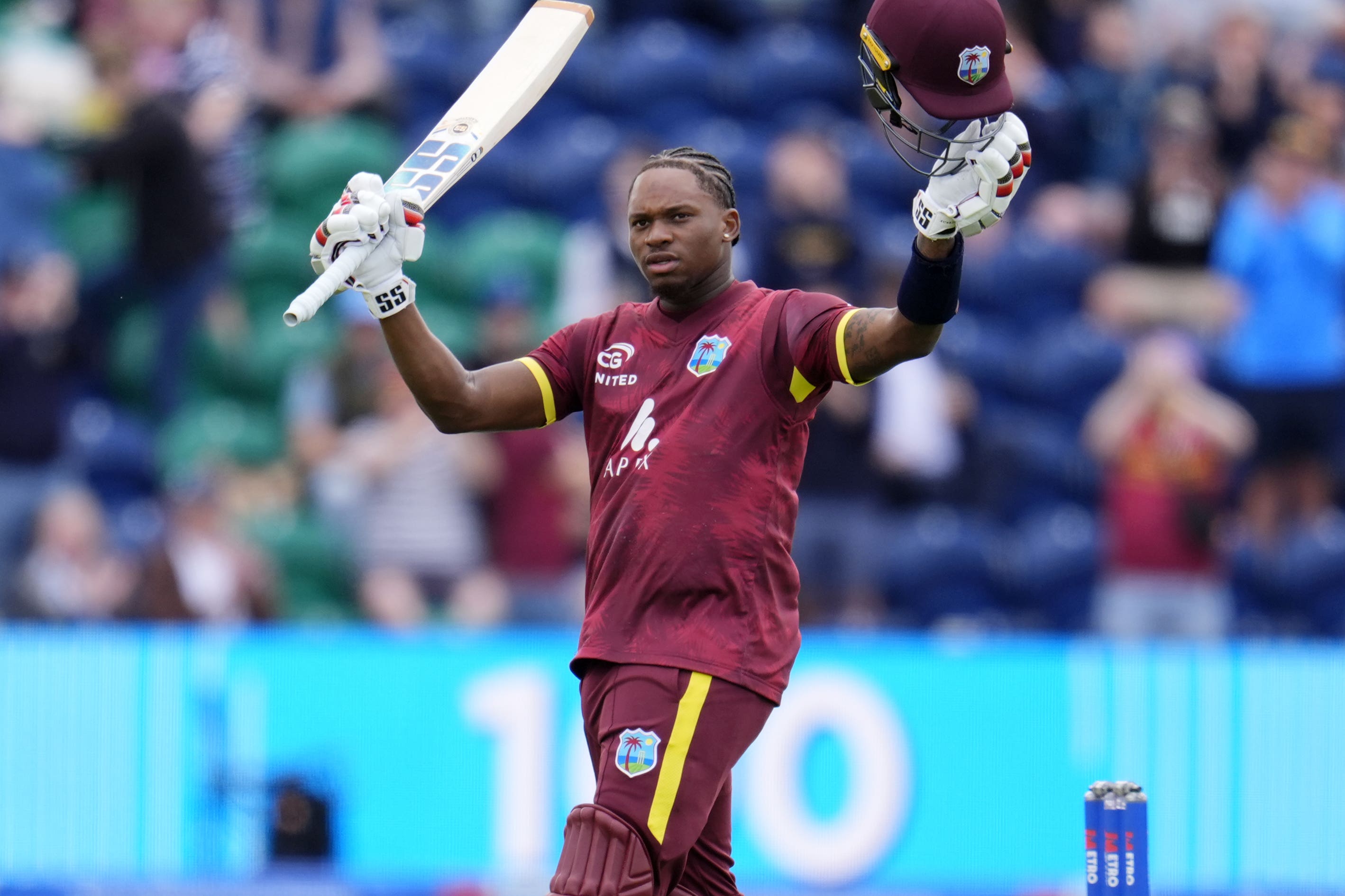 West Indies’ Keacy Carty celebrates after scoring his hundred (Nick Potts/PA)