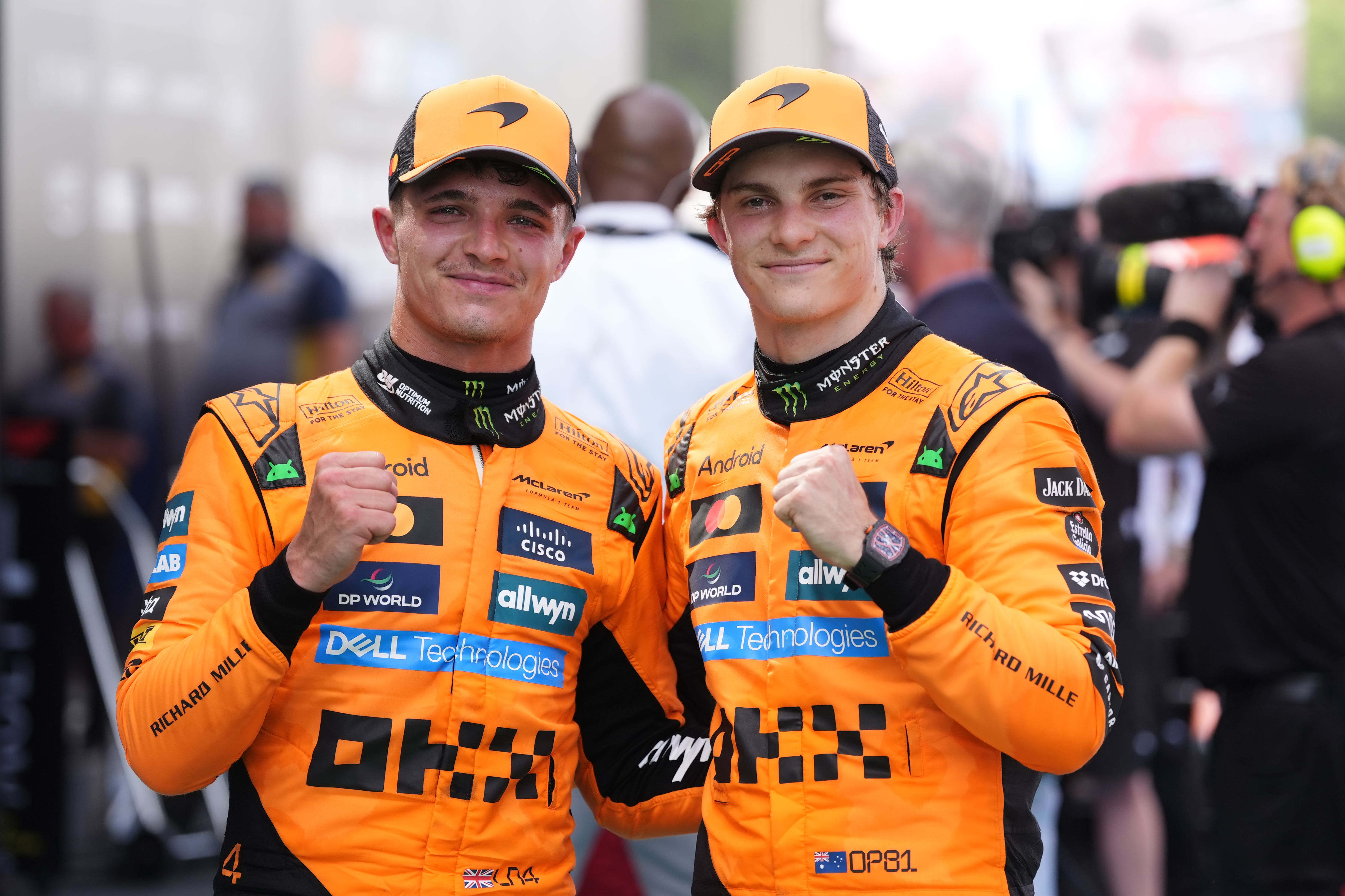 McLaren’s Oscar Piastri (right) and team-mate Lando Norris after finishing first and second in Barcelona