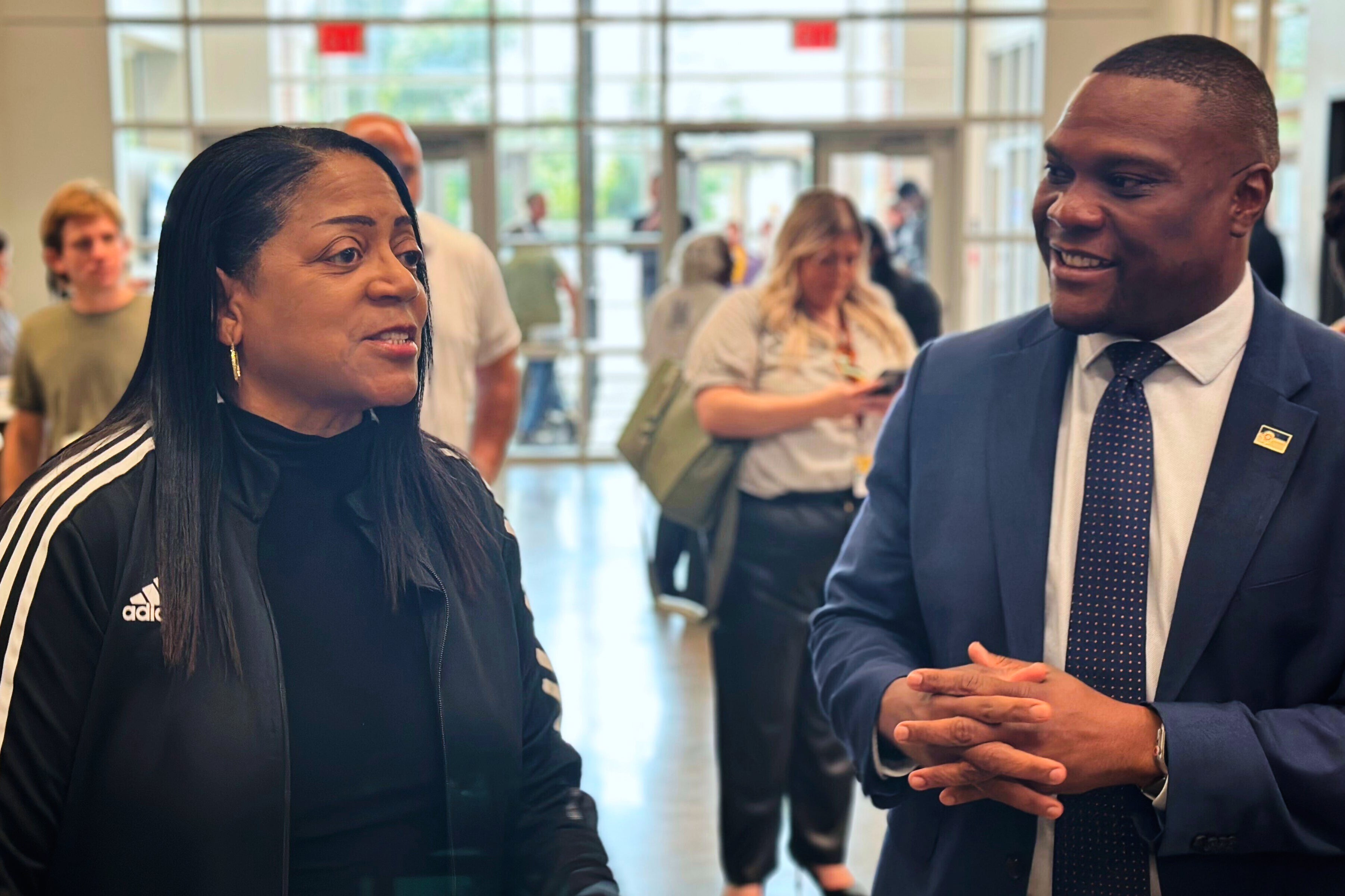 Tulsa Mayor Monroe Nichols speaks with North Tulsa resident Rose Hardwick on Thursday, May 22, 2025, as part of a series of ‘community conversations’ the first-term mayor had across the city