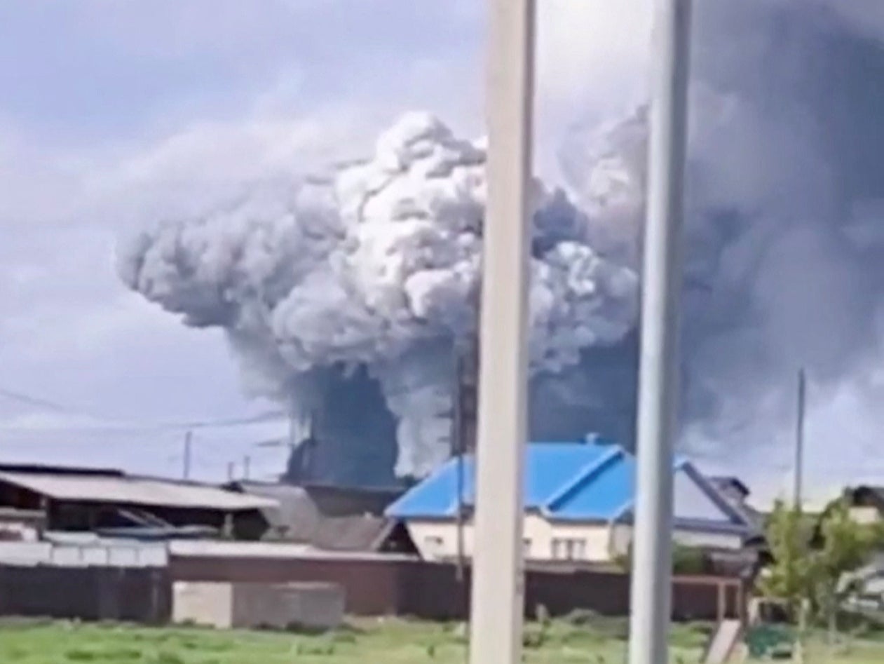 Smoke rises above the area following what local authorities called a drone attack on a military unit in the Sredny settlement, in the Usolsky district of the Irkutsk region, Russia, in this still image from a video published June 1, 2025.