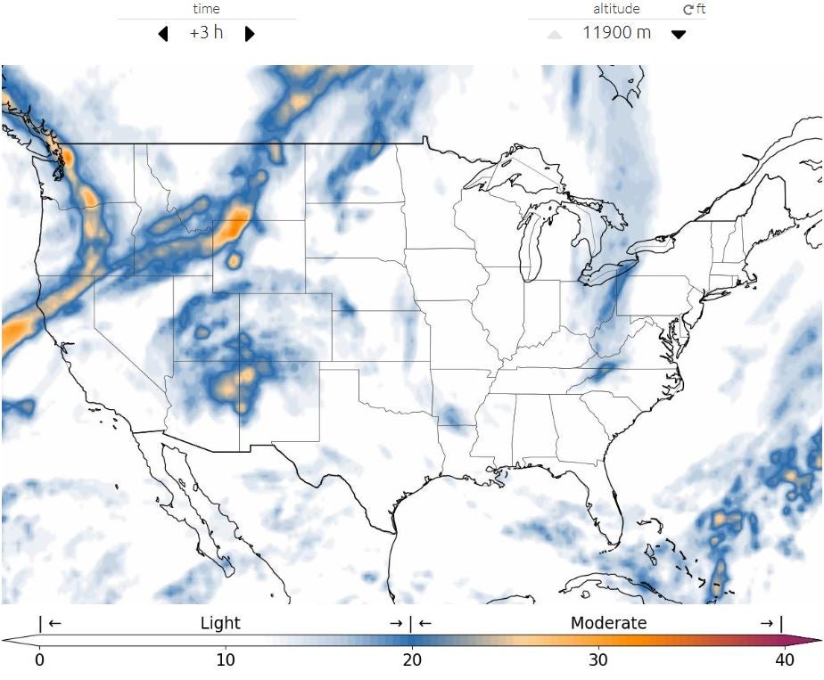 A turbli.com map showing areas of turbulence across the US