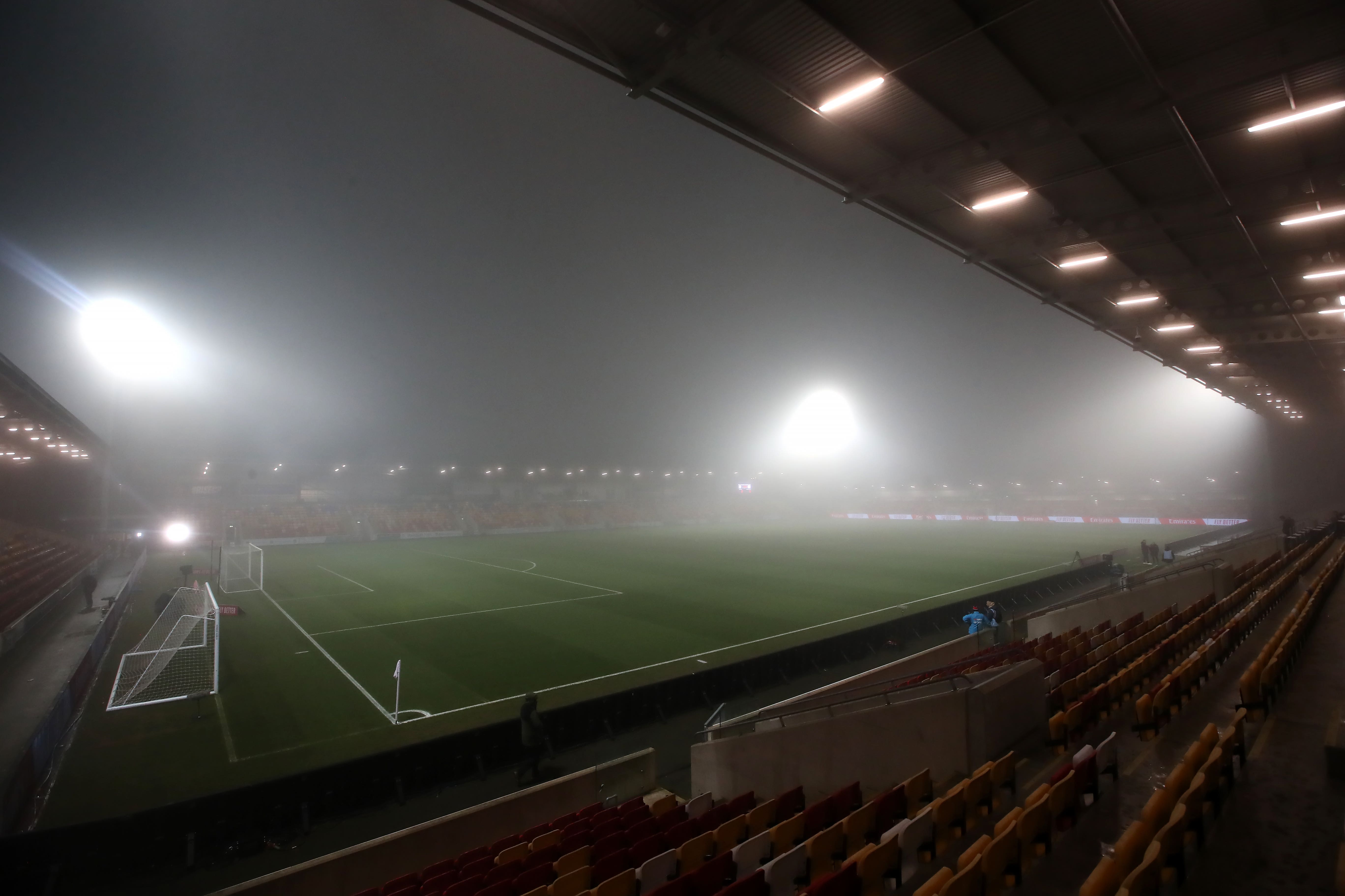 Thick fog hangs over the stadium prior to the Emirates FA Cup second round match at the LNER Community Stadium, York. Picture date: Friday December 1, 2023.