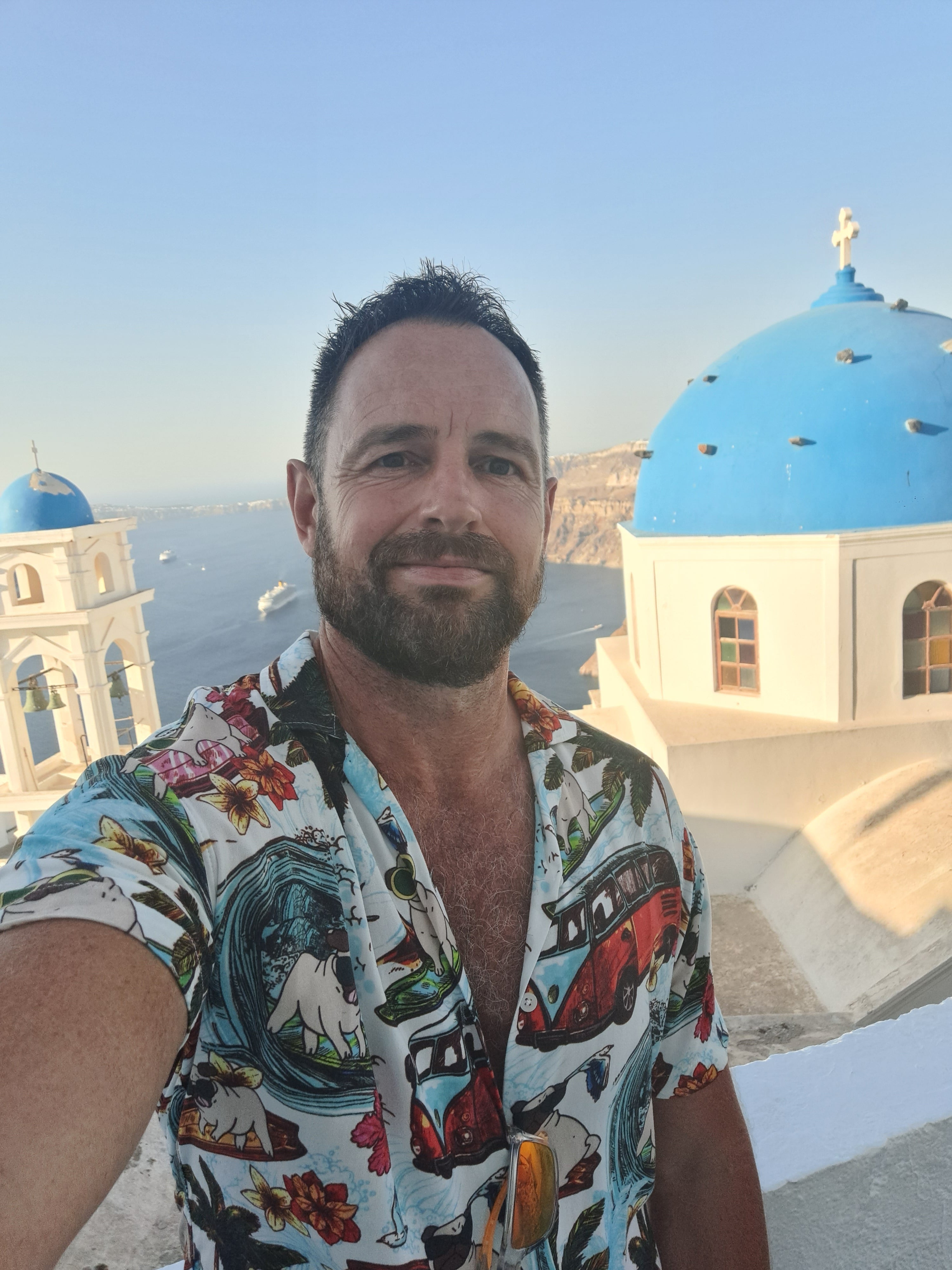 Writer James Litston in Imerovigli, the highest village on the caldera in Santorini