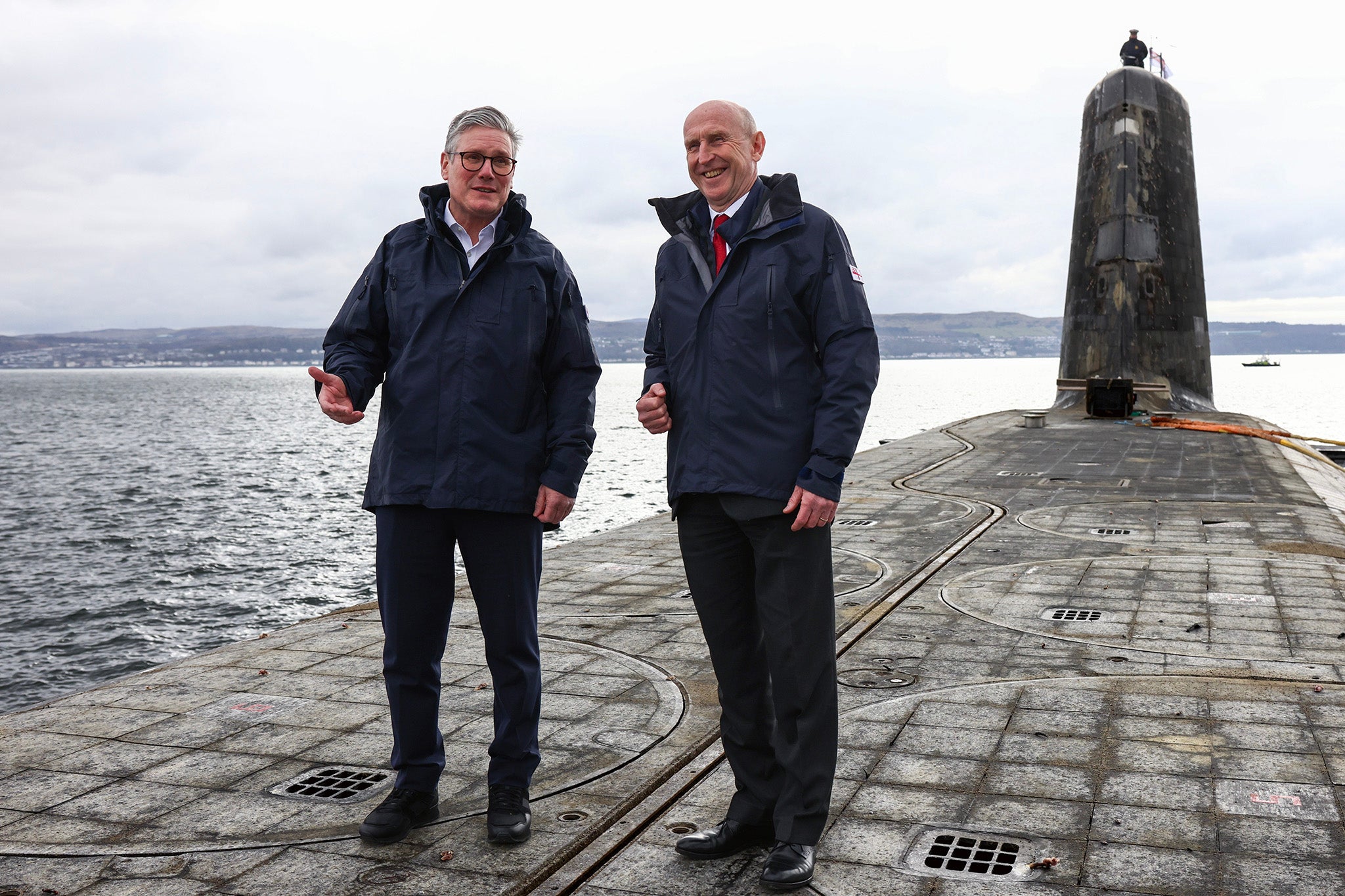 Prime minister Sir Keir Starmer and defence secretary John Healey visit a Vanguard-class submarine off the coast of Scotland
