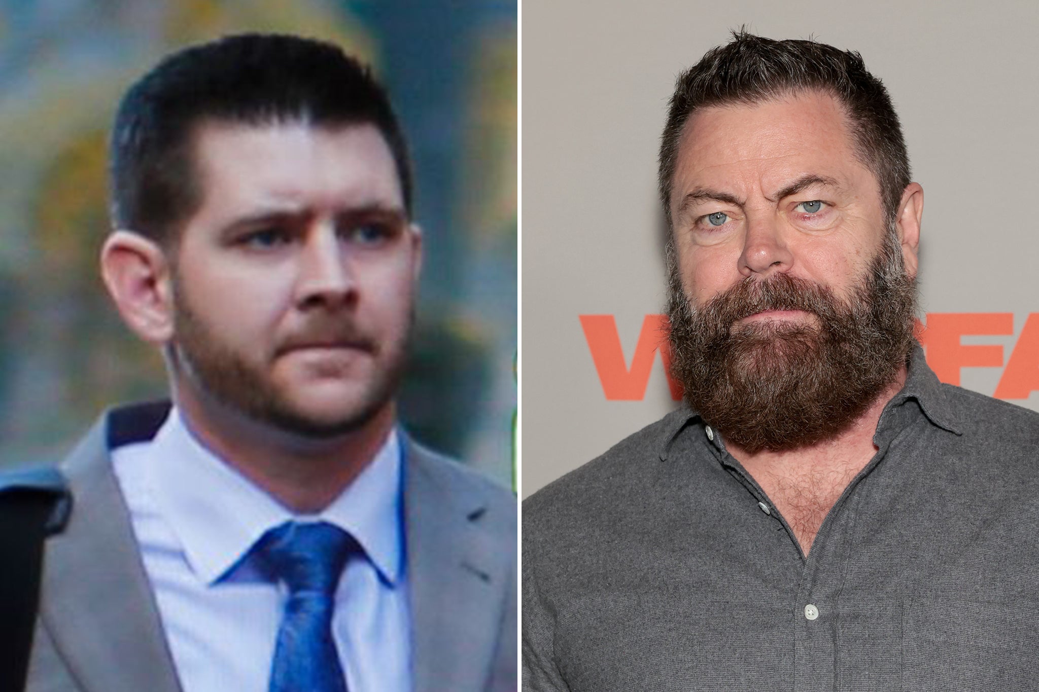 Nick Offerman (right) eviscerated Michael Flynn Jr. (left) over his anti-Pride Month post