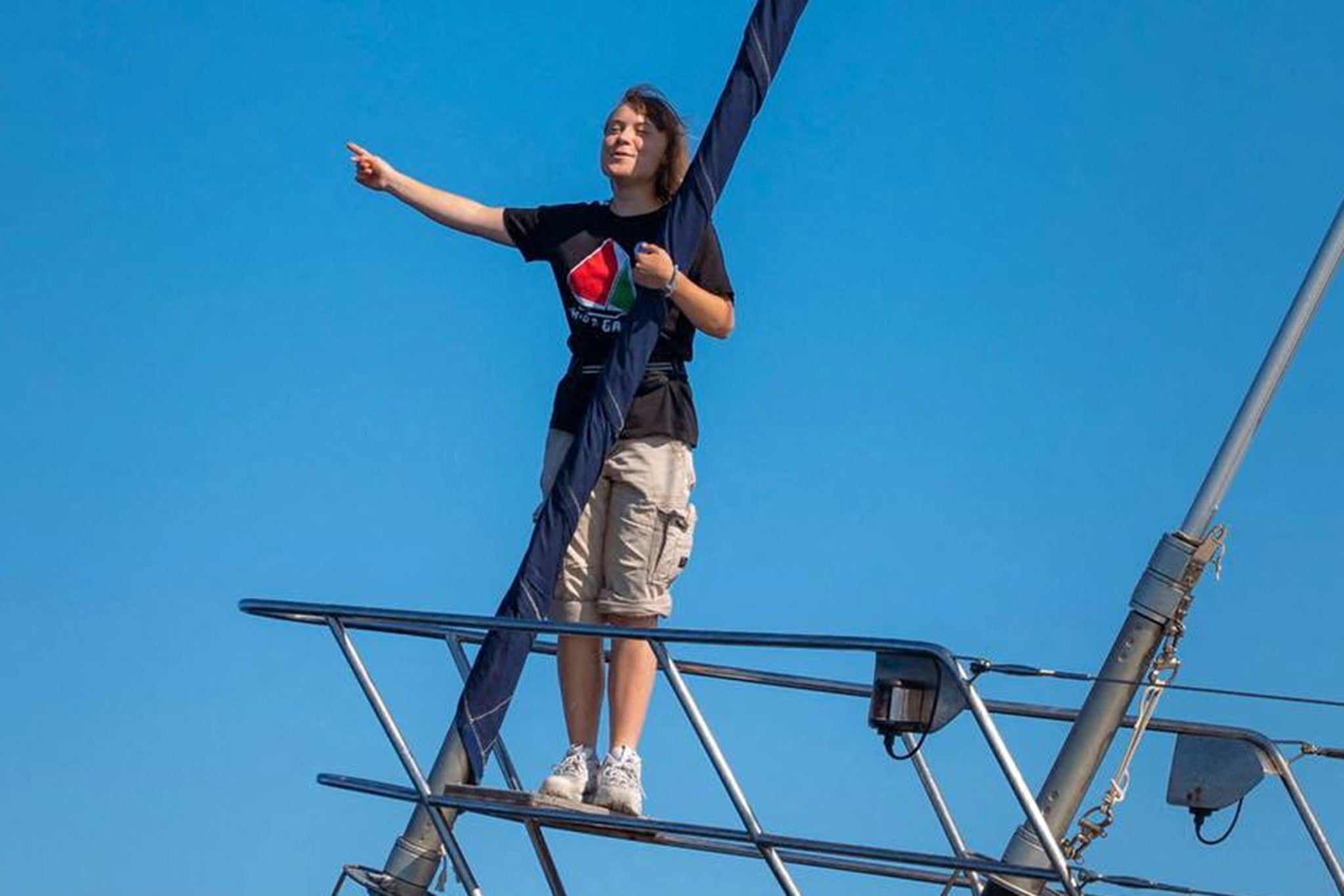 Activist Greta Thunberg stands aboard the aid ship Madleen
