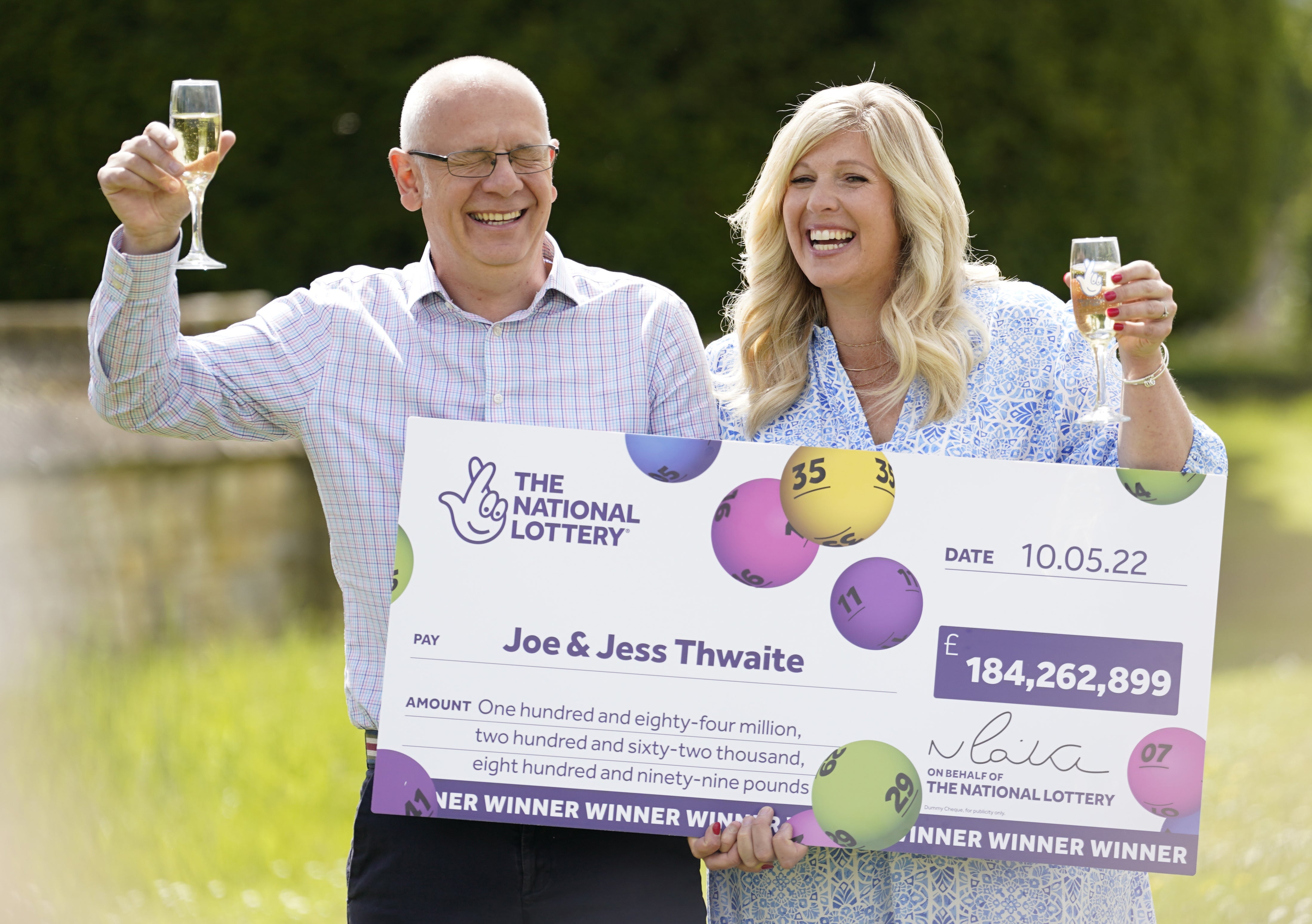 Joe and Jess Thwaite, from Gloucestershire, celebrate after winning the then record-breaking EuroMillions jackpot of £184m