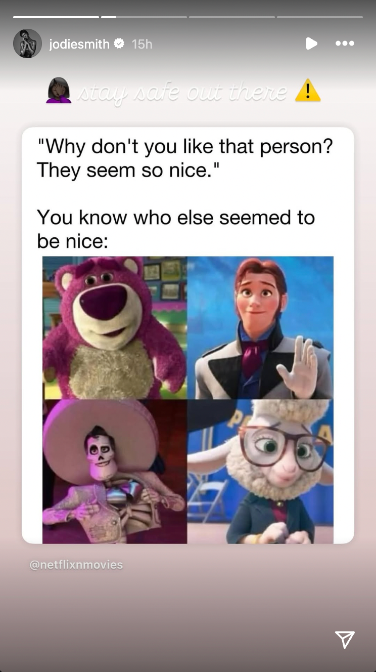 Jodie Turner-Smith shared a Disney meme with a cryptic caption on her Instagram Story
