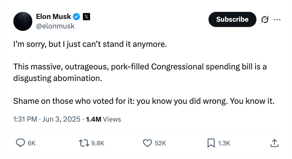 The billionaire took a significantly stronger tone than his previous criticism of the spending bill now he has left Washington, D.C.