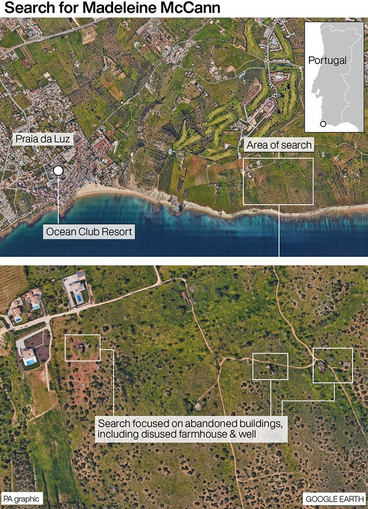 The area of search is a few miles from Praia da Luz, where Madeleine vanished 18 years ago