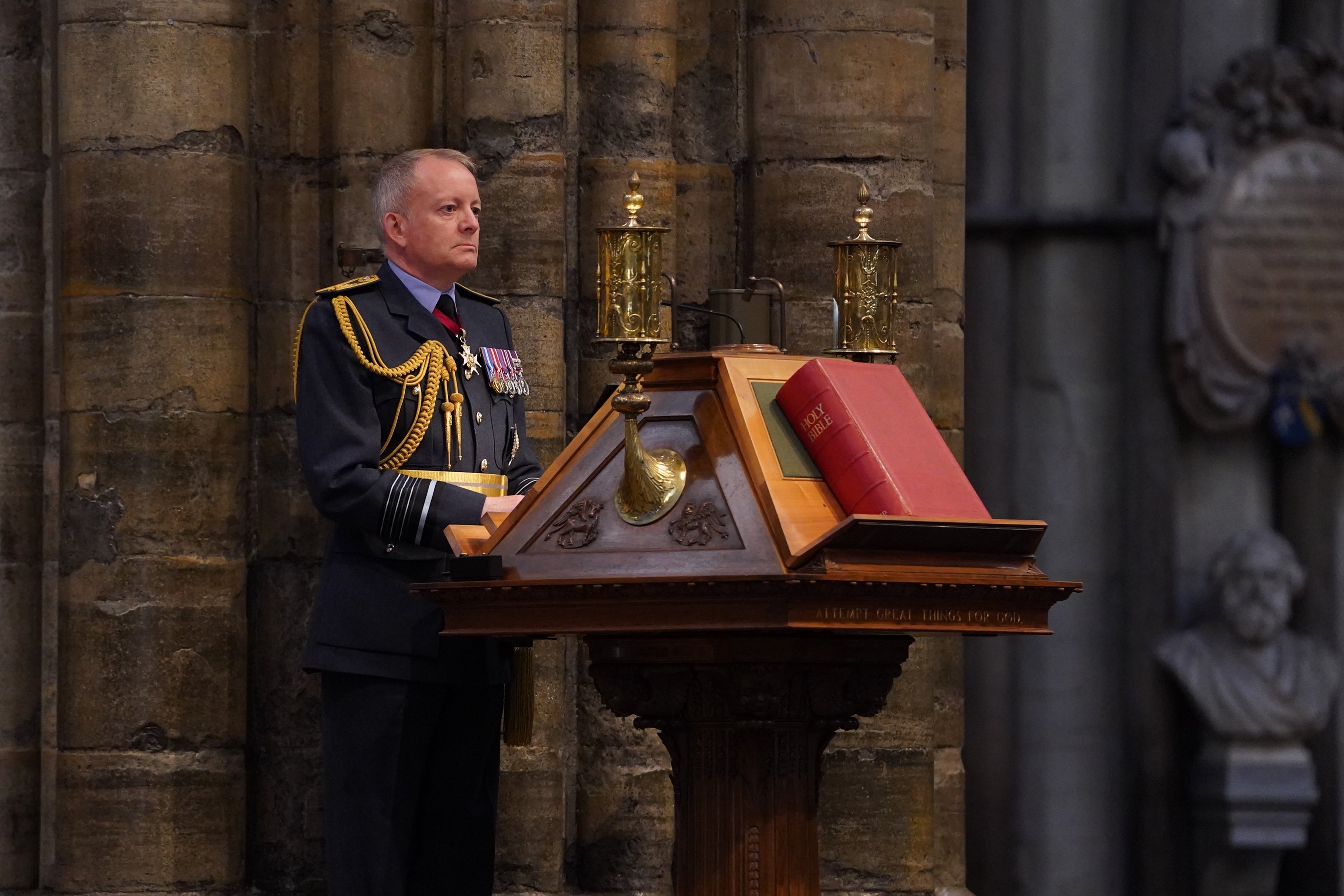 Air Chief Marshal Sir Richard Knighton giving a reading during the annual Battle of Britain service at Westminster Abbey in September 2024