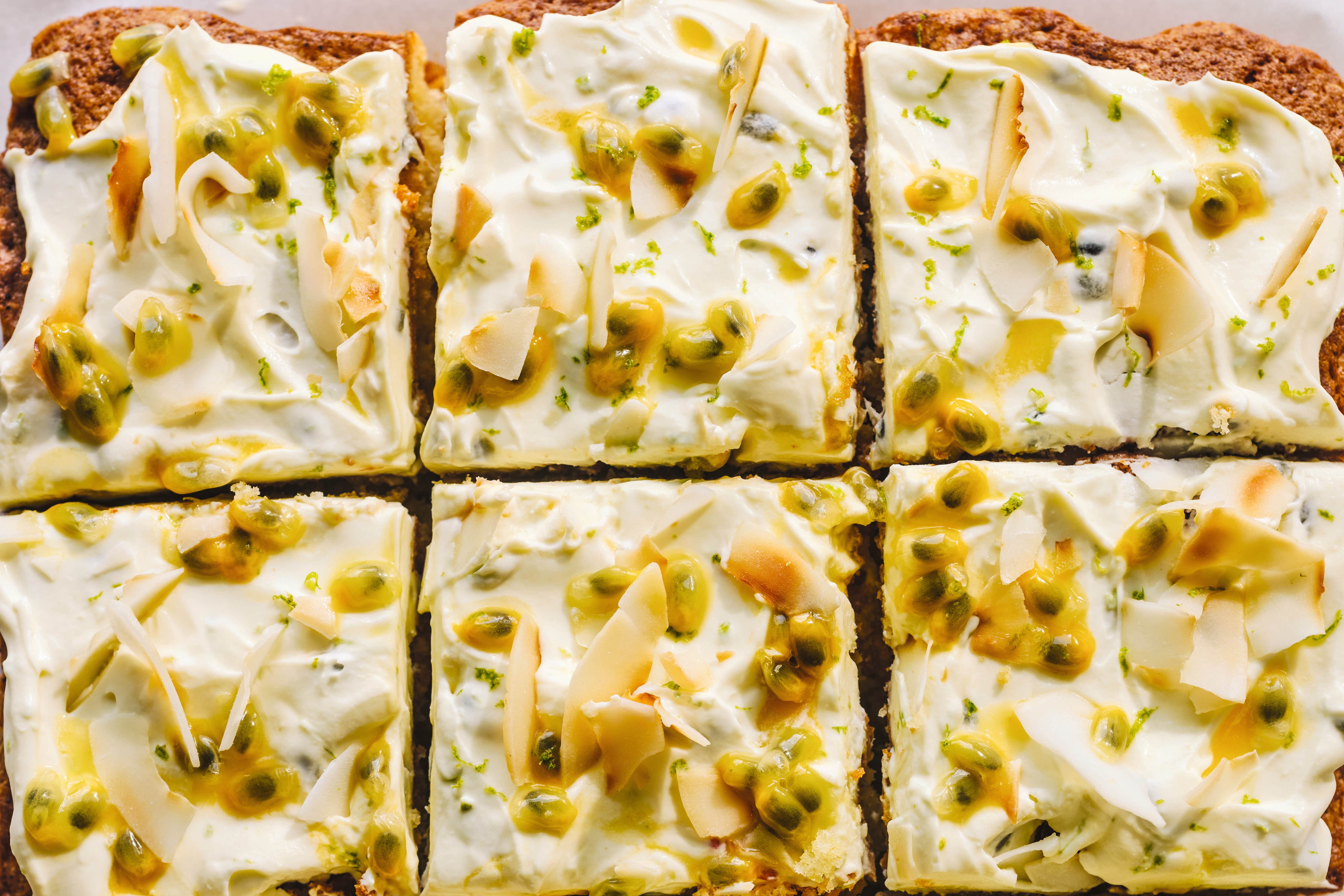 Zesty lime, sweet coconut and tangy passionfruit – Paul Hollywood’s traybake is a crowd-pleasing slice of nostalgia